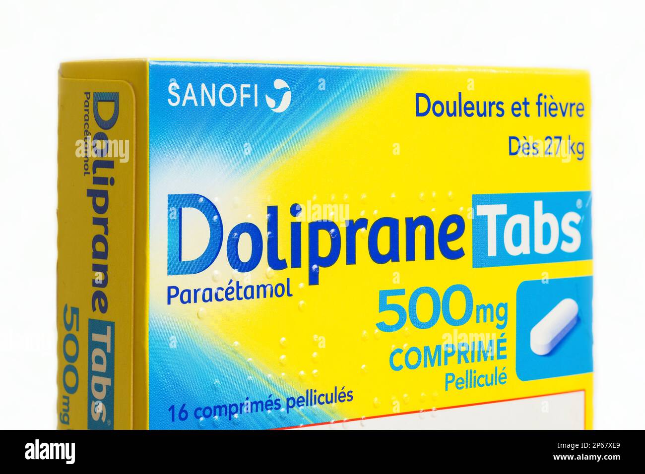 Doliprane 500 mg from Sanofi, Paracetamol tablets painkiller Stock Photo