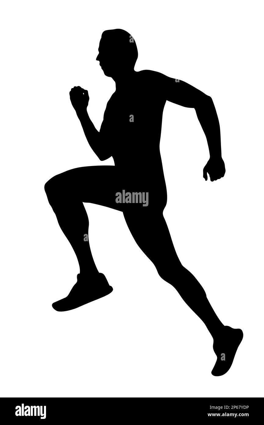 black silhouette male runner athlete running on white background Stock Photo