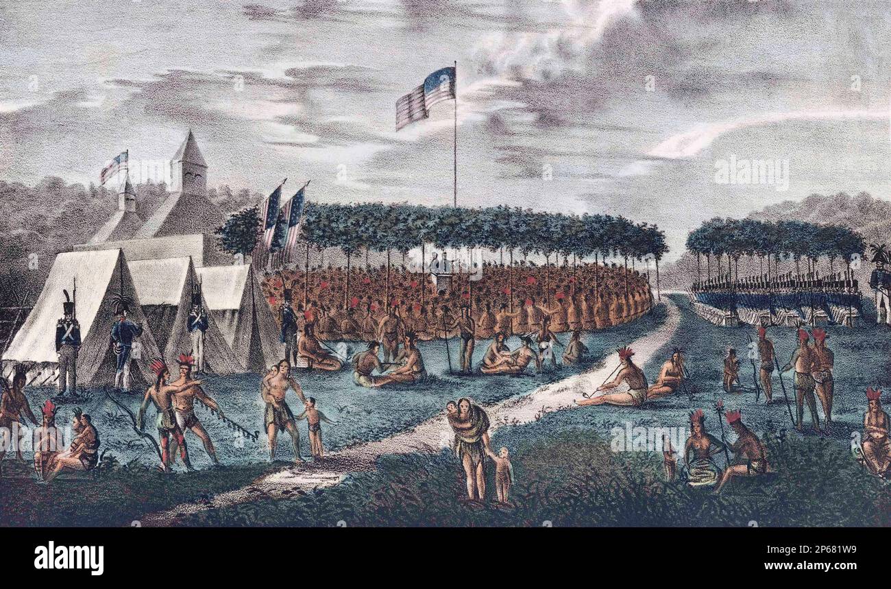 View of the Great Treaty Held at Prairie du Chien, September 1825, at which upwards of 5,000 Indian warriors of the Chippeways, Sioux, Sac & Foxes, Winnebagoes, Pottowattomies, Menominees, Ioways, & Ottawas tribes were present.   Treaty proceedings were conducted by United States officials in an attempt to forge peace between warring Native American tribes.  After the picture made on the spot by American artist James Otto Lewis.  Lewis, 1799 - 1858 attended many treaty meetings. Stock Photo