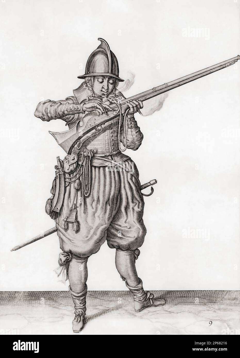 Blow your match and open your pan.  Two of a series of over forty stages a 17th century musketeer had to follow when preparing to fire his matchlock gun.  From a work by an unidentified artist, Stock Photo
