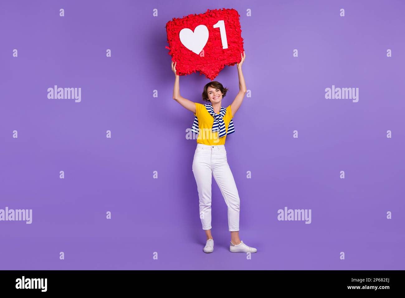 Full length photo of cheerful lady blogger wear stylish clothes hold