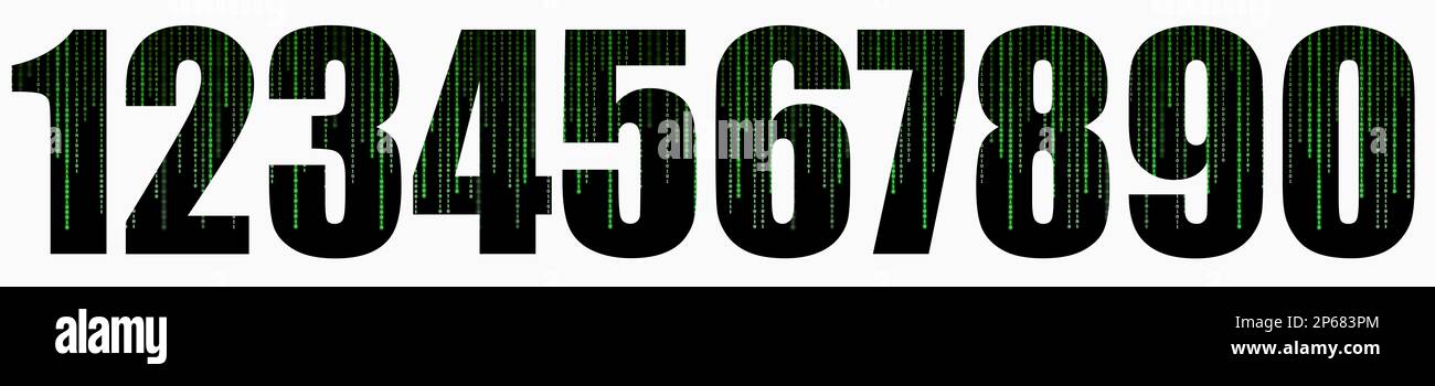 A set of numbers 1 2 3 4 5 6 7 8 9 0 with matrix binary digital code isolated on a white background. Virtual reality numbers to overlay on your photos Stock Photo