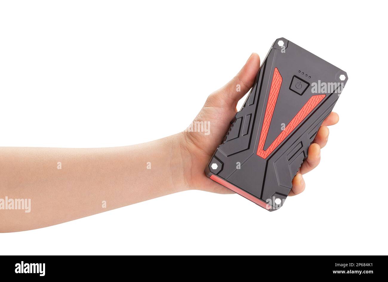 powerbank engine jump starter in hand path isolated on white Stock Photo