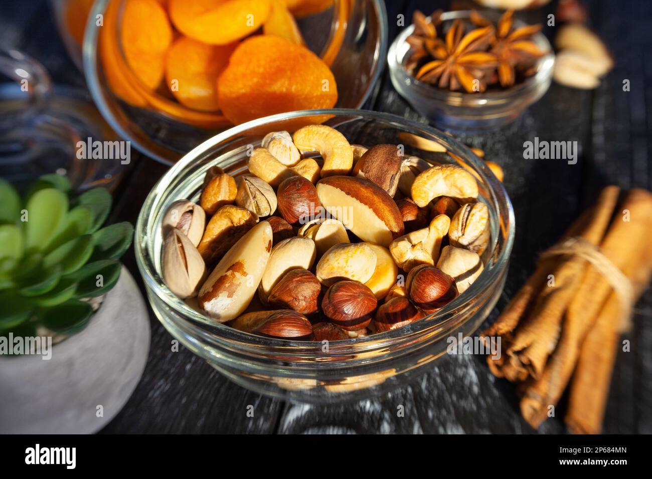 nut mix  in a bowl on wood background Stock Photo