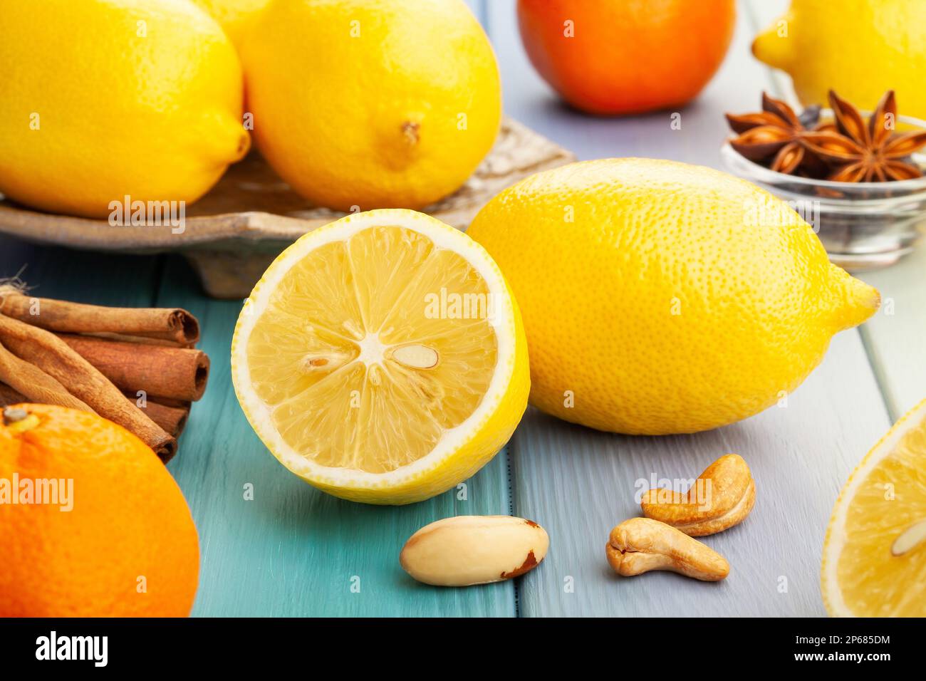 sliced lemon on wood background Stock Photo