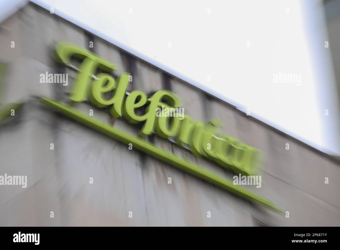 Oviedo, Spain, 7th March, 2023: Telefónica sign on the building during Telefónica España invoice 12.497 million in 2022 on March 07, 2023, in Oviedo, Spain. Credit: Alberto Brevers / Alamy Live News Stock Photo
