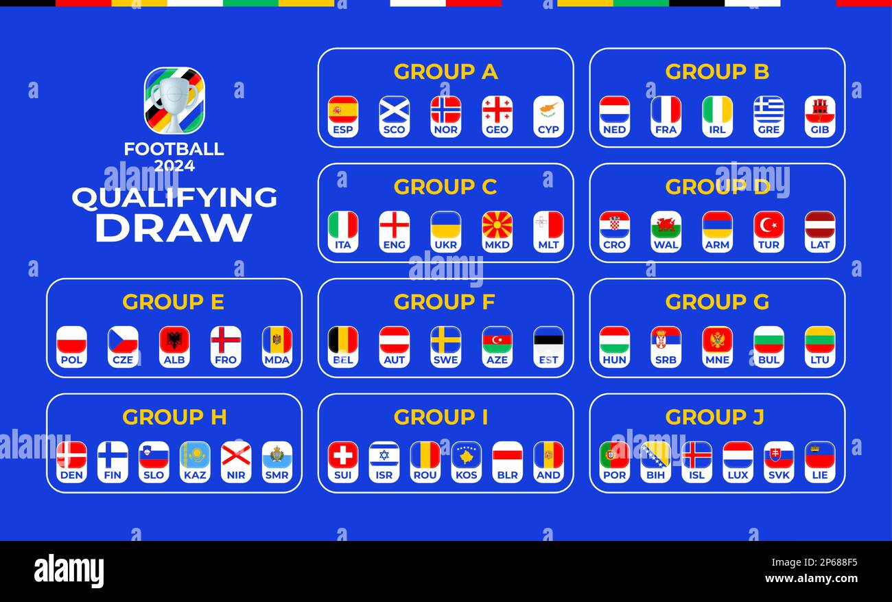 Football 2024 Qualifying Stage Groups Table Of The Qualifying Stage Of The European Championship 2024 National Football Teams With Flag Icons 2P688F5 