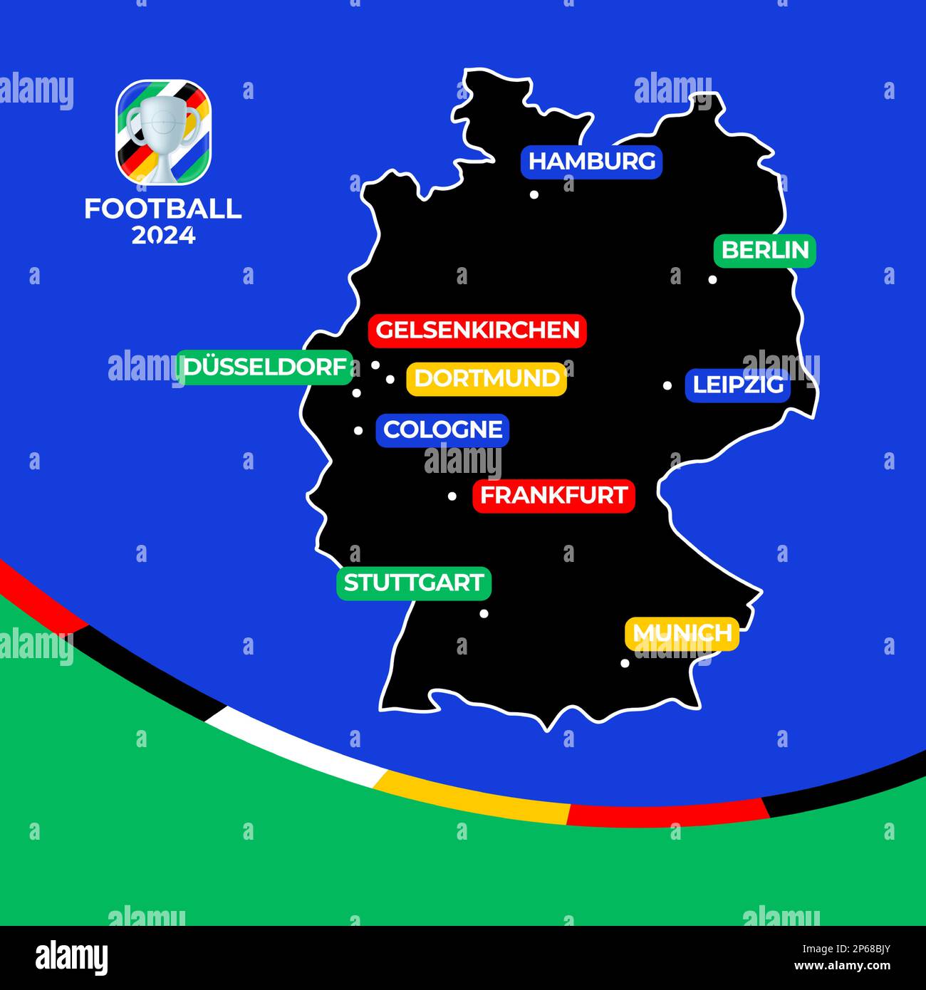 Football 2025 host cities. Vector map of Germany with cities hosting