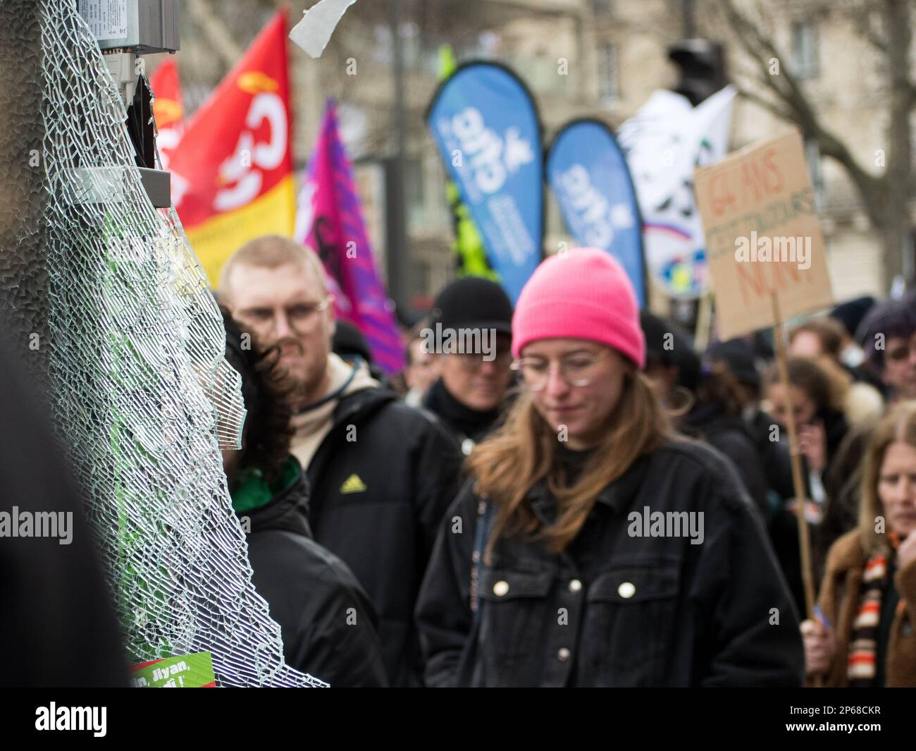 Paris, France, 7th March, 2023. Strike and people in the street against pension reform - Jacques Julien/Alamy Live News Stock Photo