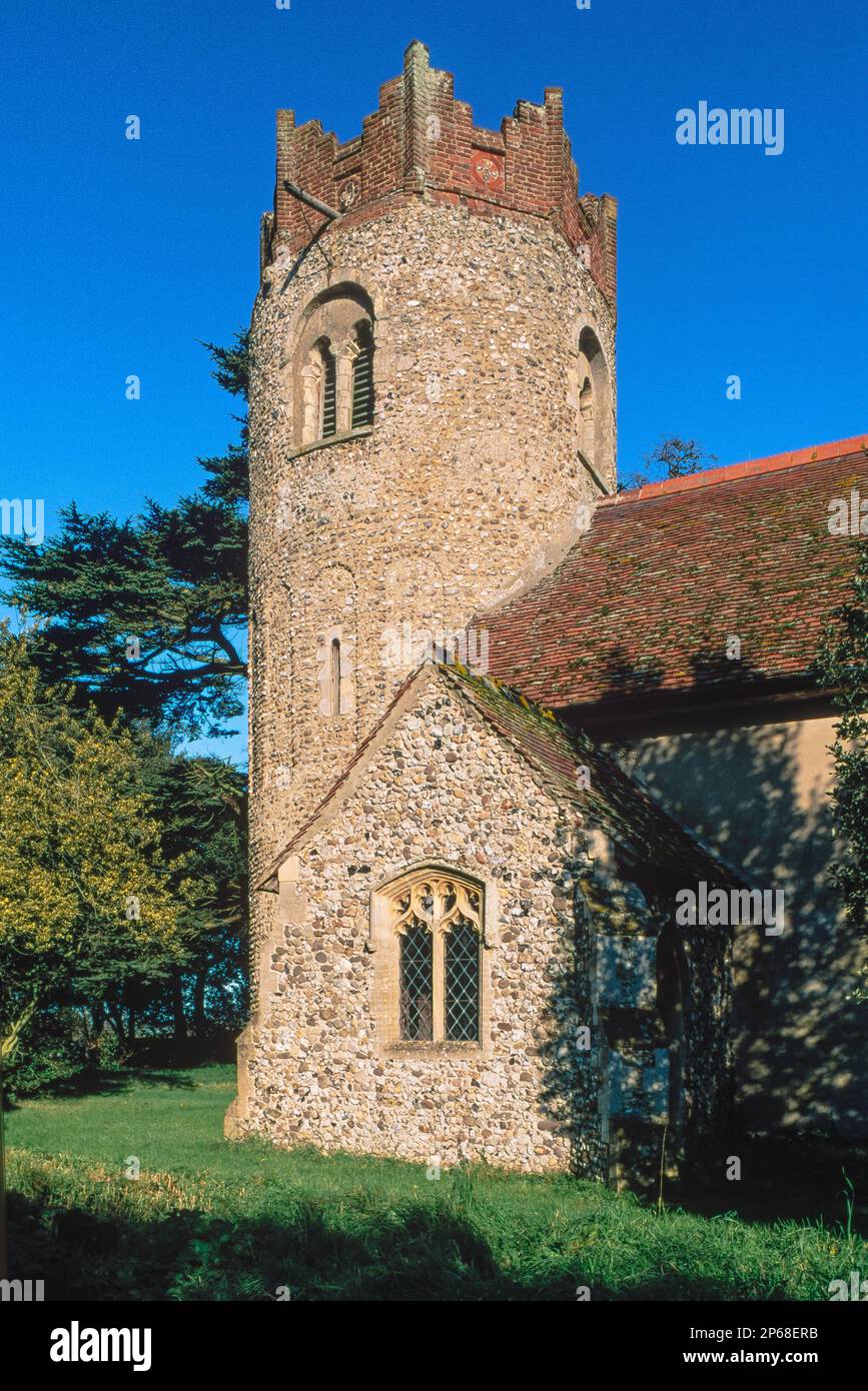Round tower church, view of the medieval church of St Peter in Thorington showing its distinctive Saxon era round tower, Suffolk, England, UK Stock Photo