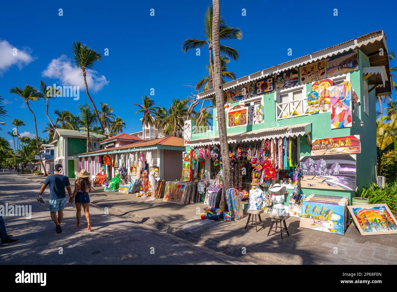 View of colourful shops on Bavaro Beach, Punta Cana, Dominican Republic, West Indies, Caribbean, Central America Stock Photo