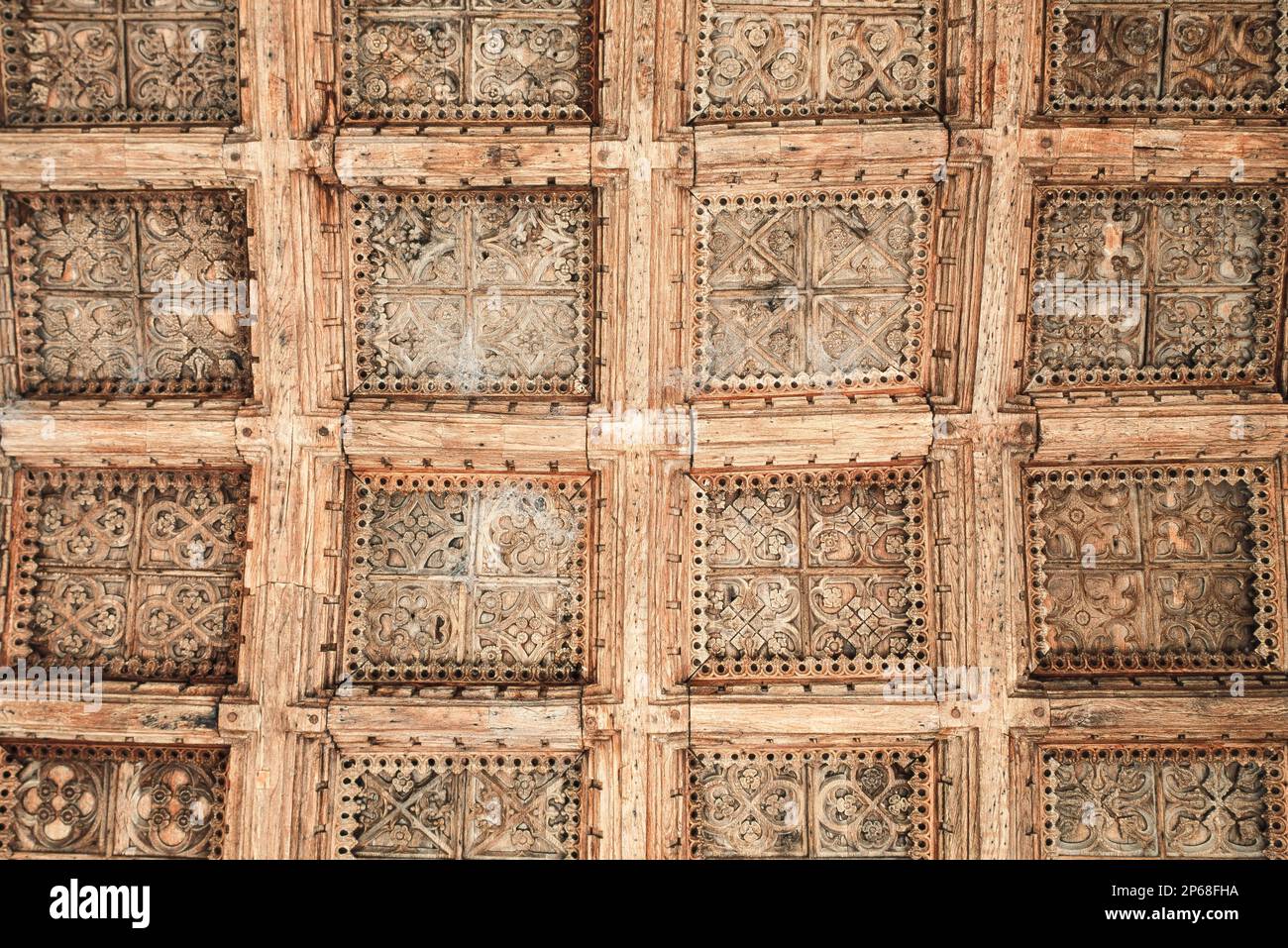 Medieval wood ceiling, view of the coffered oak ceiling inside the south porch of the Church of St Mary in the Suffolk village of Kersey, England UK Stock Photo