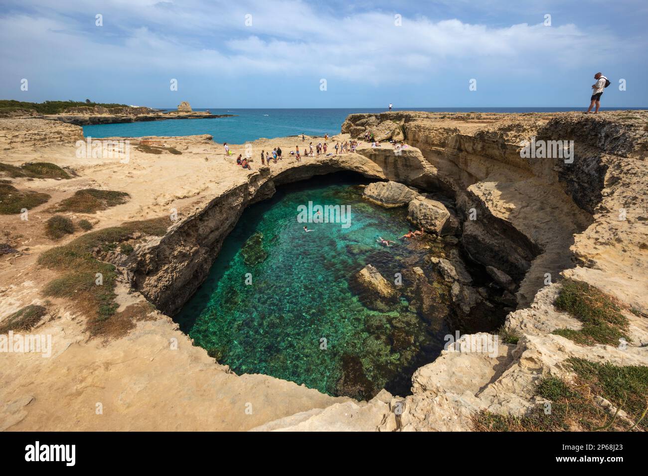 Grotta della Poesia (Poetry Cave) natural pool among karsk formations, Roca archaeological site, near Melendugno, Puglia, Italy, Europe Stock Photo