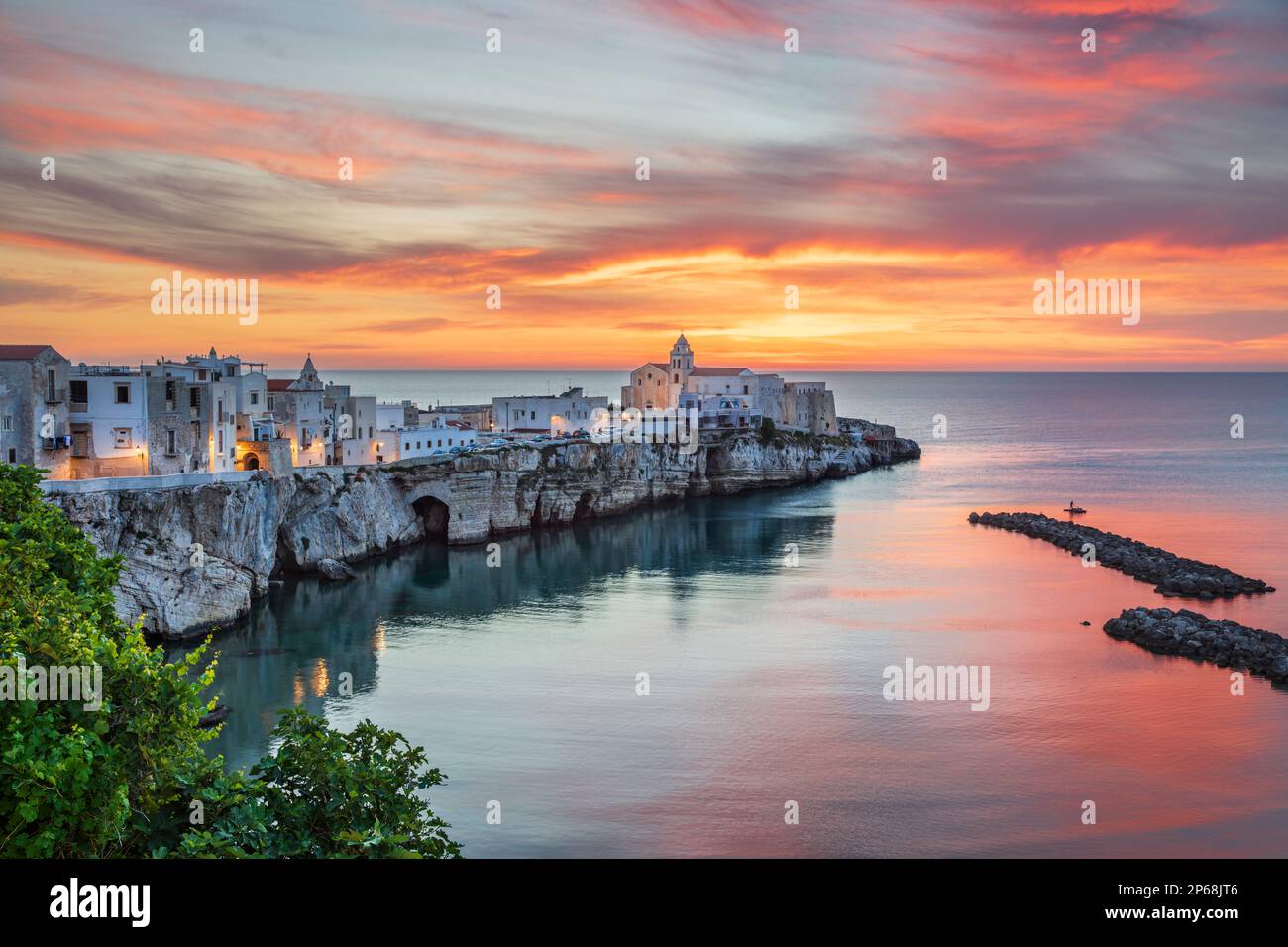 The old town on the promontory at sunrise, Vieste, Gargano peninsula, Foggia province, Puglia, Italy, Europe Stock Photo