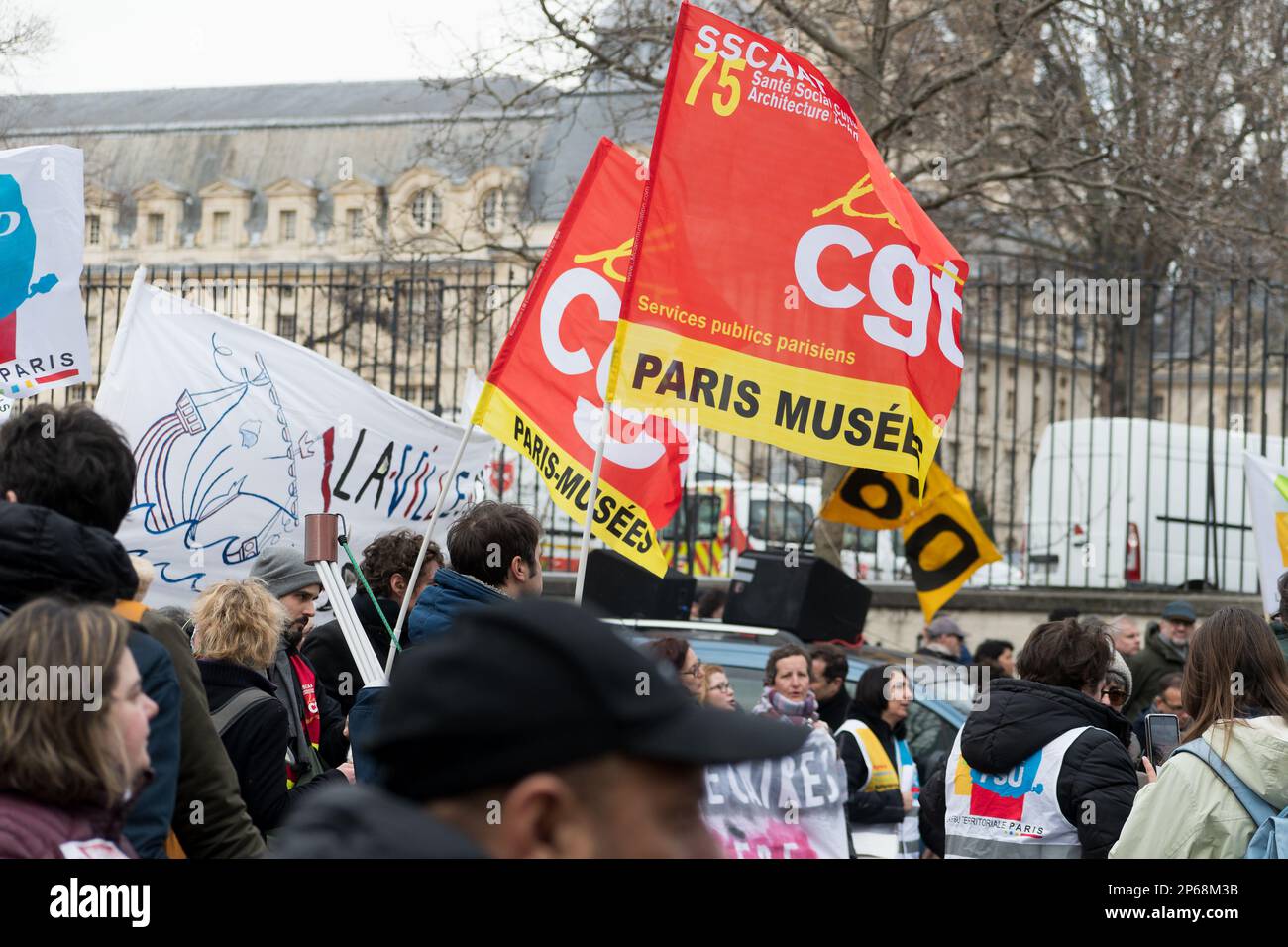 Paris, France, 7th March, 2023. CGT with flags and people protests against pension reform - Jacques Julien/Alamy Live News Stock Photo