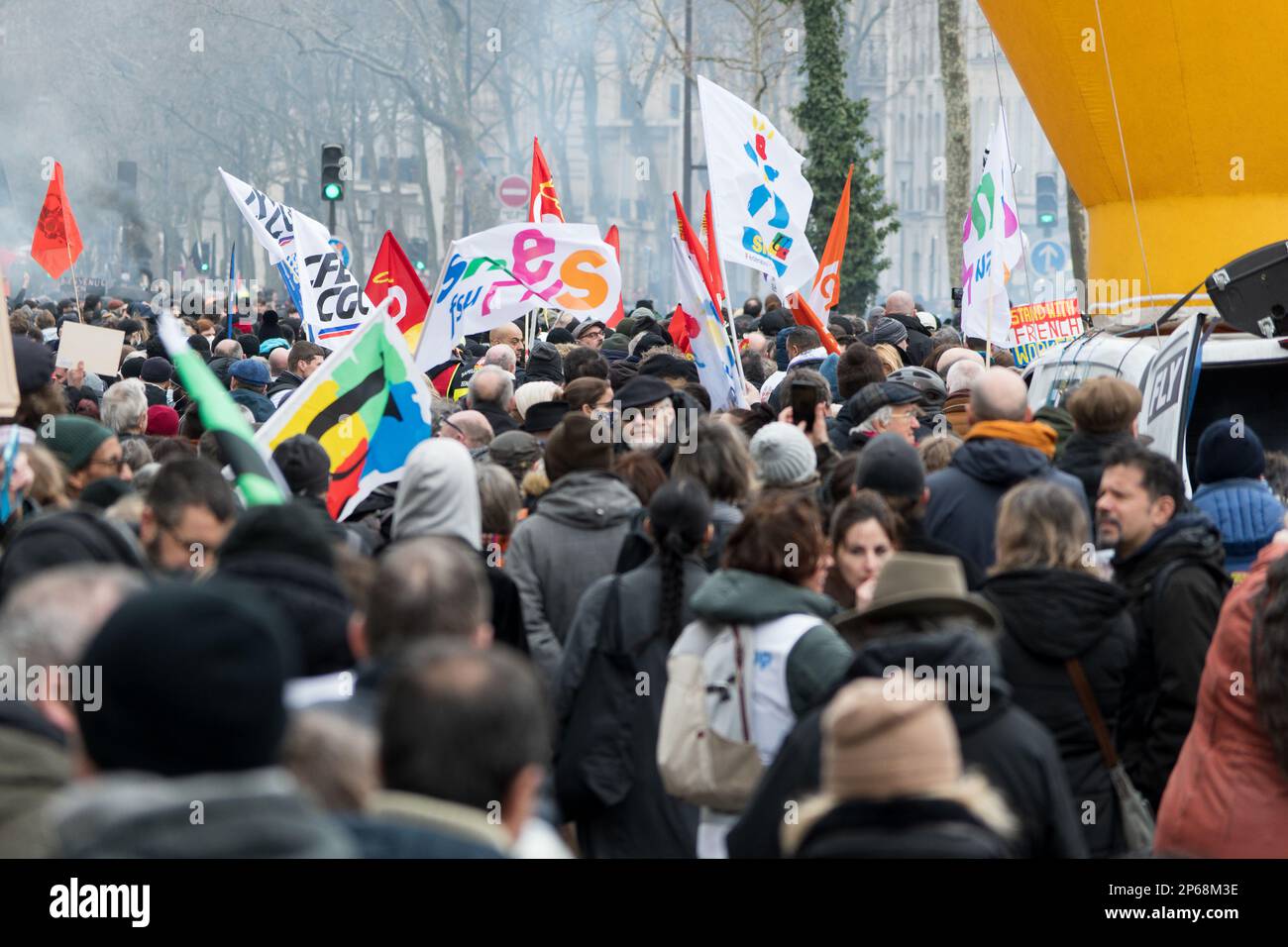 Paris, France, 7th March, 2023. People protests during the strike against pension reform - Jacques Julien/Alamy Live News Stock Photo