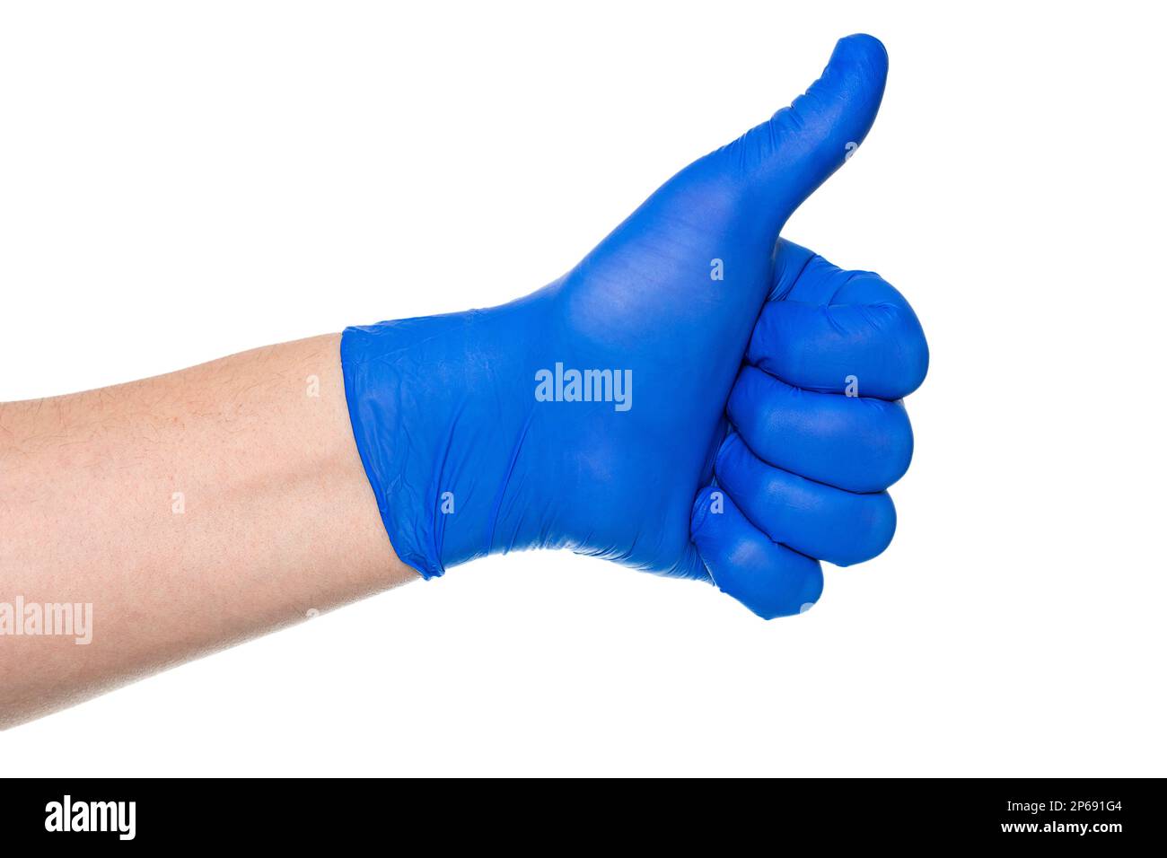 Crop unrecognizable hand of person in blue medical glove showing thumb up against white background Stock Photo