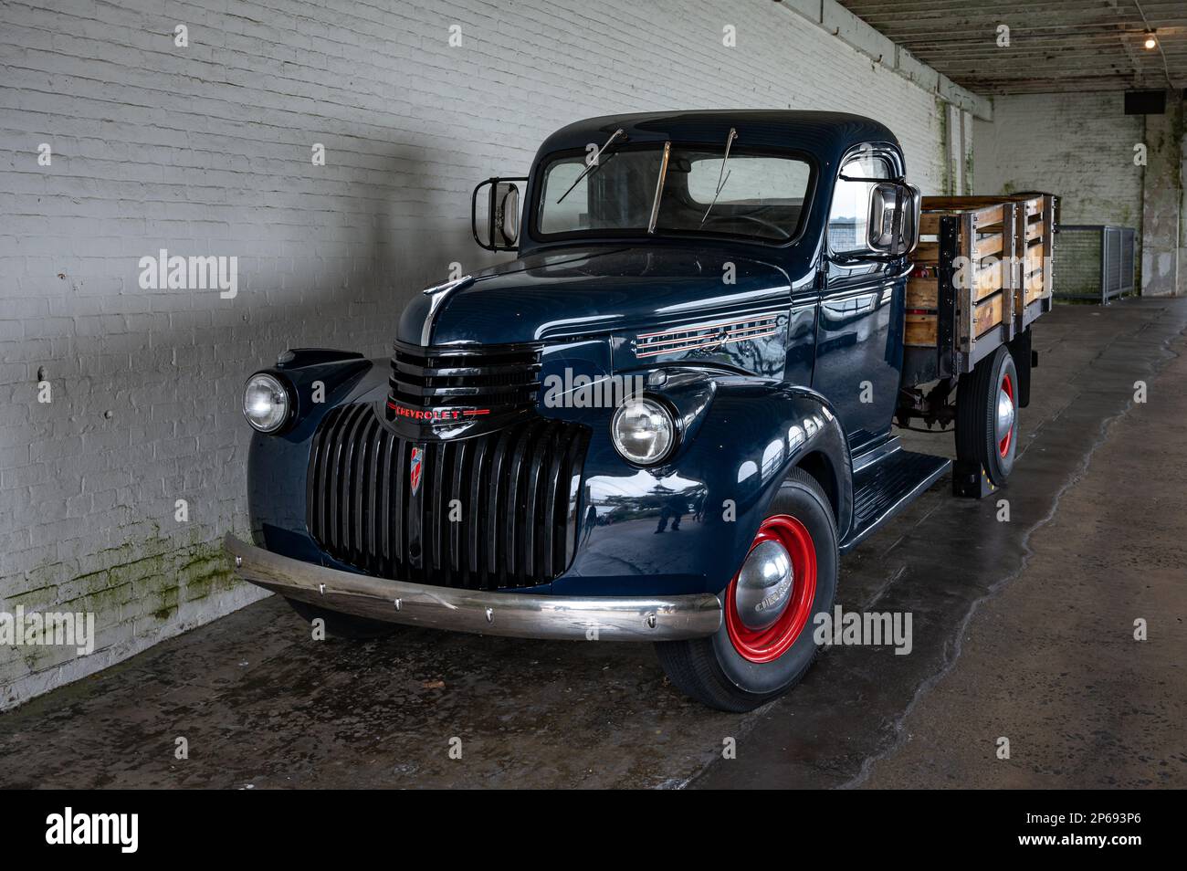 Detail of an old blue Chevrolet AK Series pickup truck parked at the Alcatraz defensive post Stock Photo