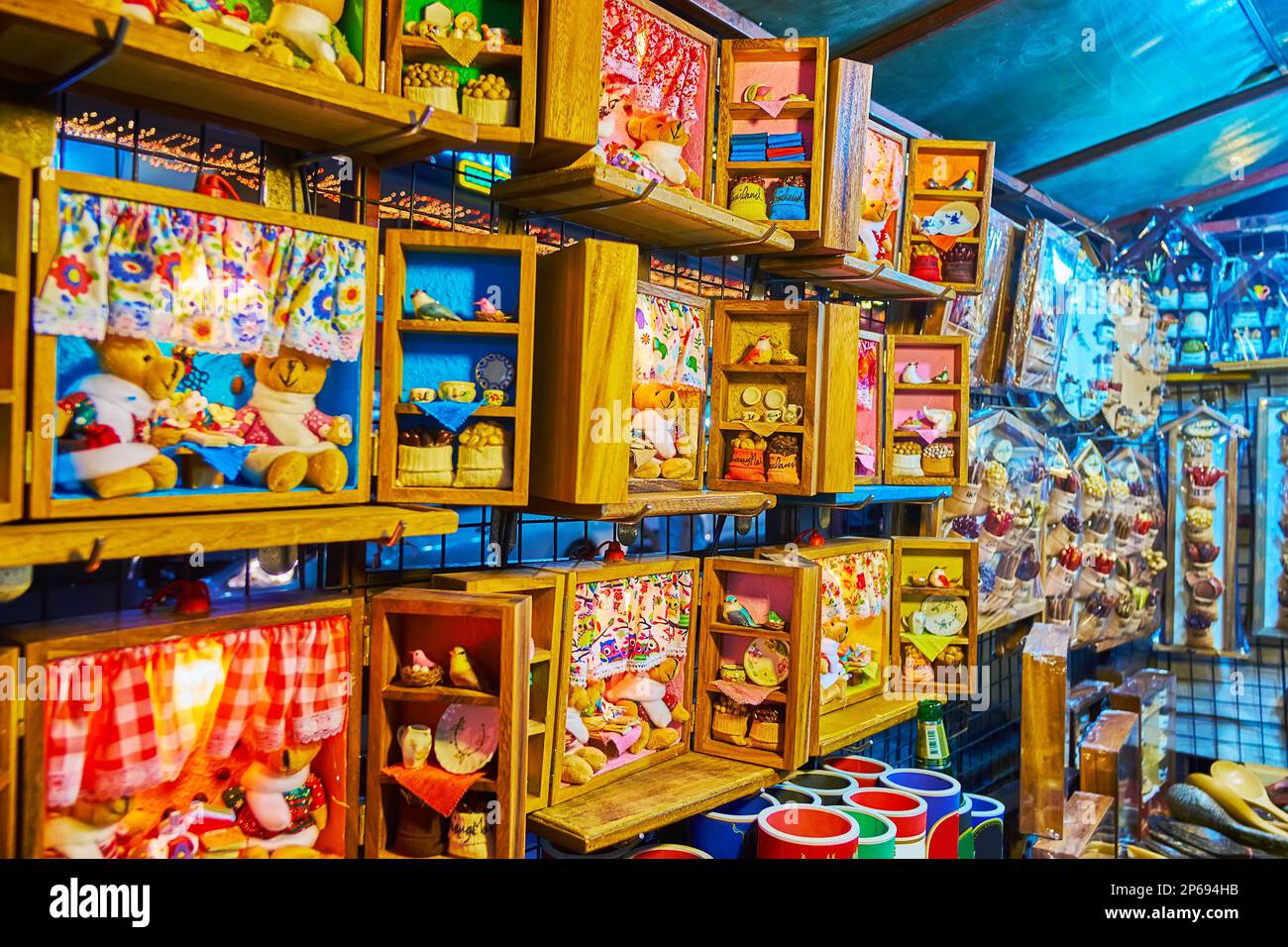 CHIANG MAI, THAILAND - MAY 3, 2019: The Night Market stall with handmade kitchen decors with Teddy Bears in a toy room, on May 3 in Chiang Mai Stock Photo