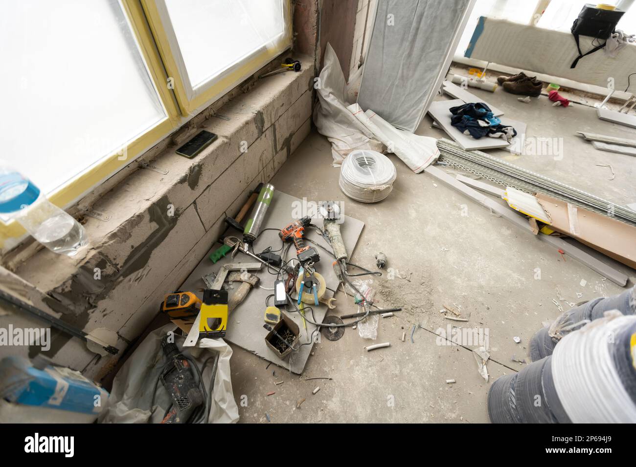 tools for apartment repair, walls in apartment is under construction