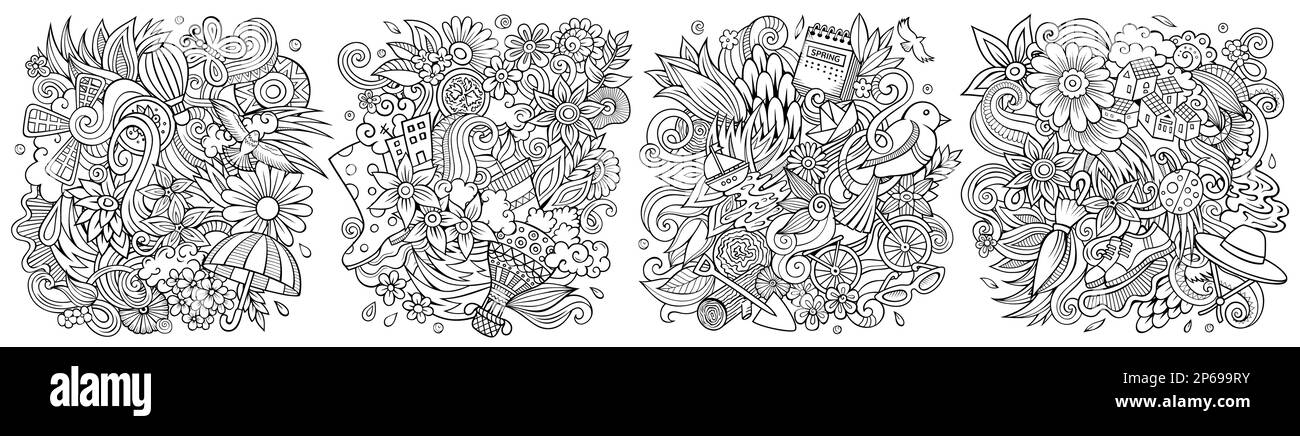 Spring cartoon vector doodle designs set. Line art detailed compositions with lot of seasonal objects and symbols Stock Vector