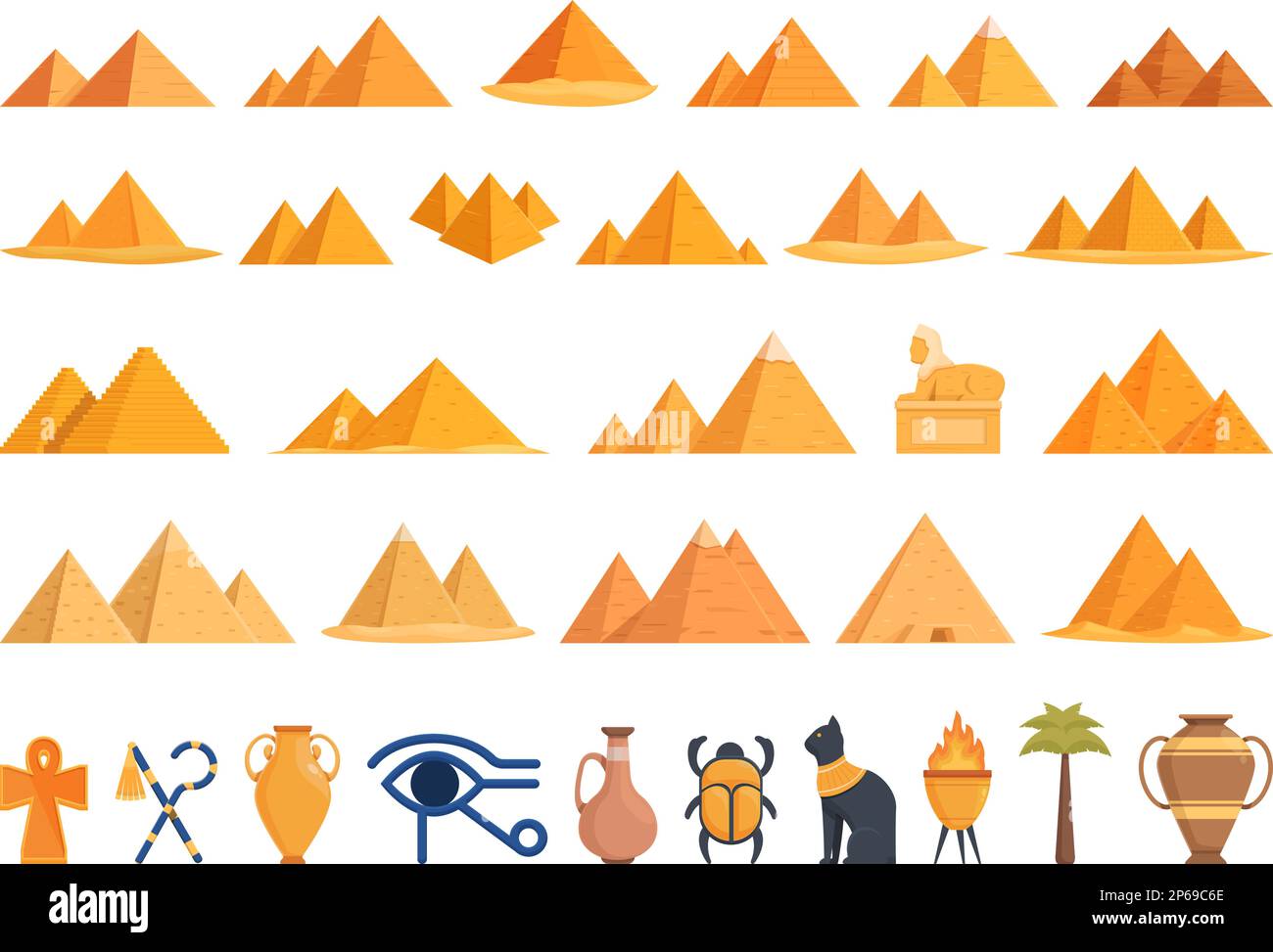 Egyptian pyramids icons set cartoon vector. Ancient world. Vase history