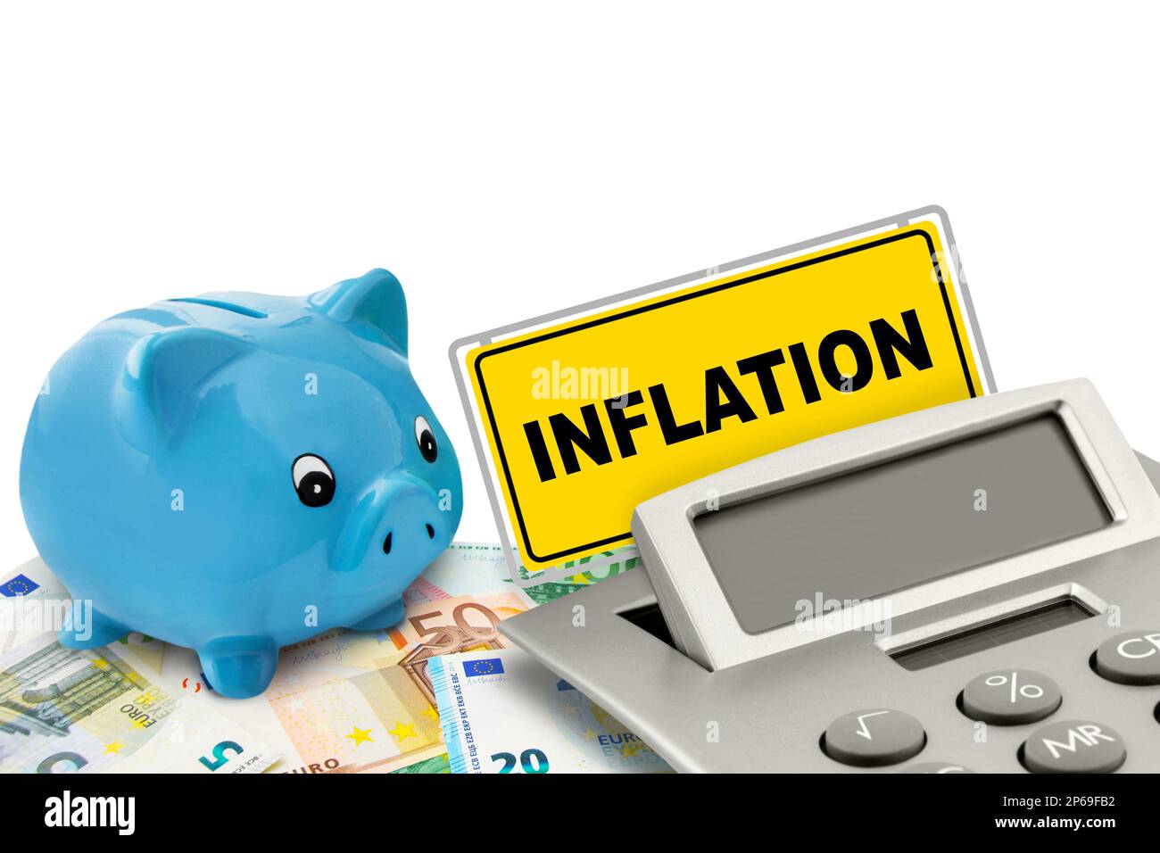 Sparschwein, Rechner und Euro Geldscheine mit Inflation Stock Photo