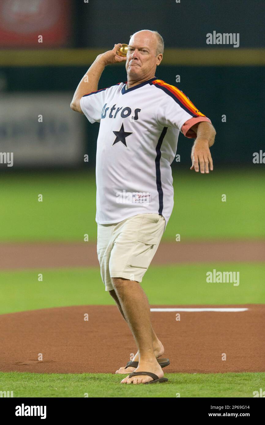 July 27, 2012: Mike Scott throws out the first pitch during the Major  League Baseball game between the Houston Astros and the Pittsburgh Pirates  at Minute Maid Park in Houston, Texas. The