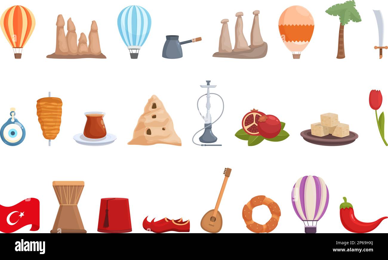 Cappadocia icons set cartoon vector. Travel balloon. Sky summer Stock Vector