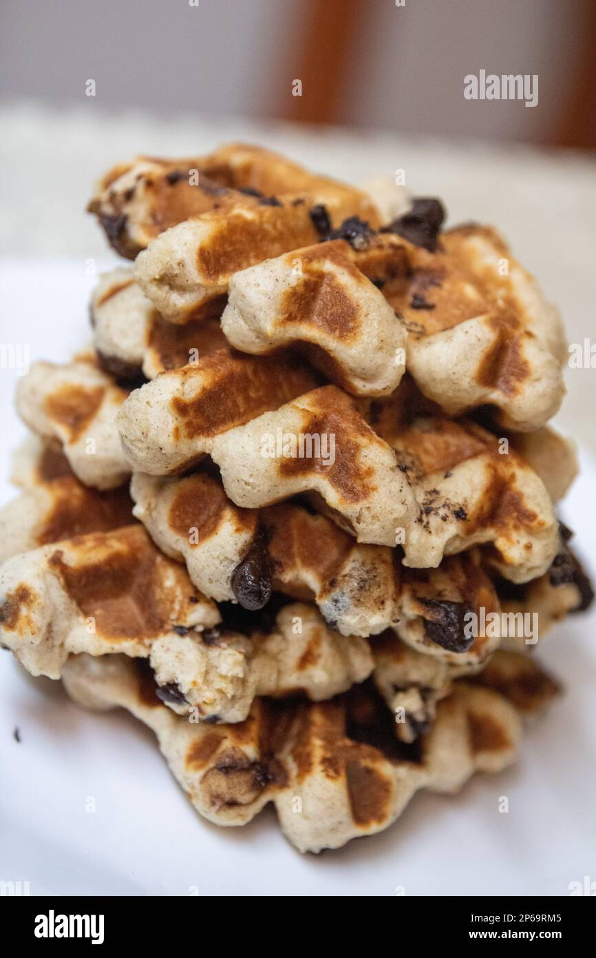 Keto based chocolate chip waffles stacked up Stock Photo Alamy