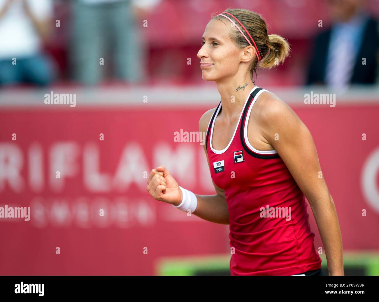 Polona Hercog of Slovenia reacts during the the Sony Swedish Open tennis tournament final in Bastad, Sweden, on Sunday July 22, 2012