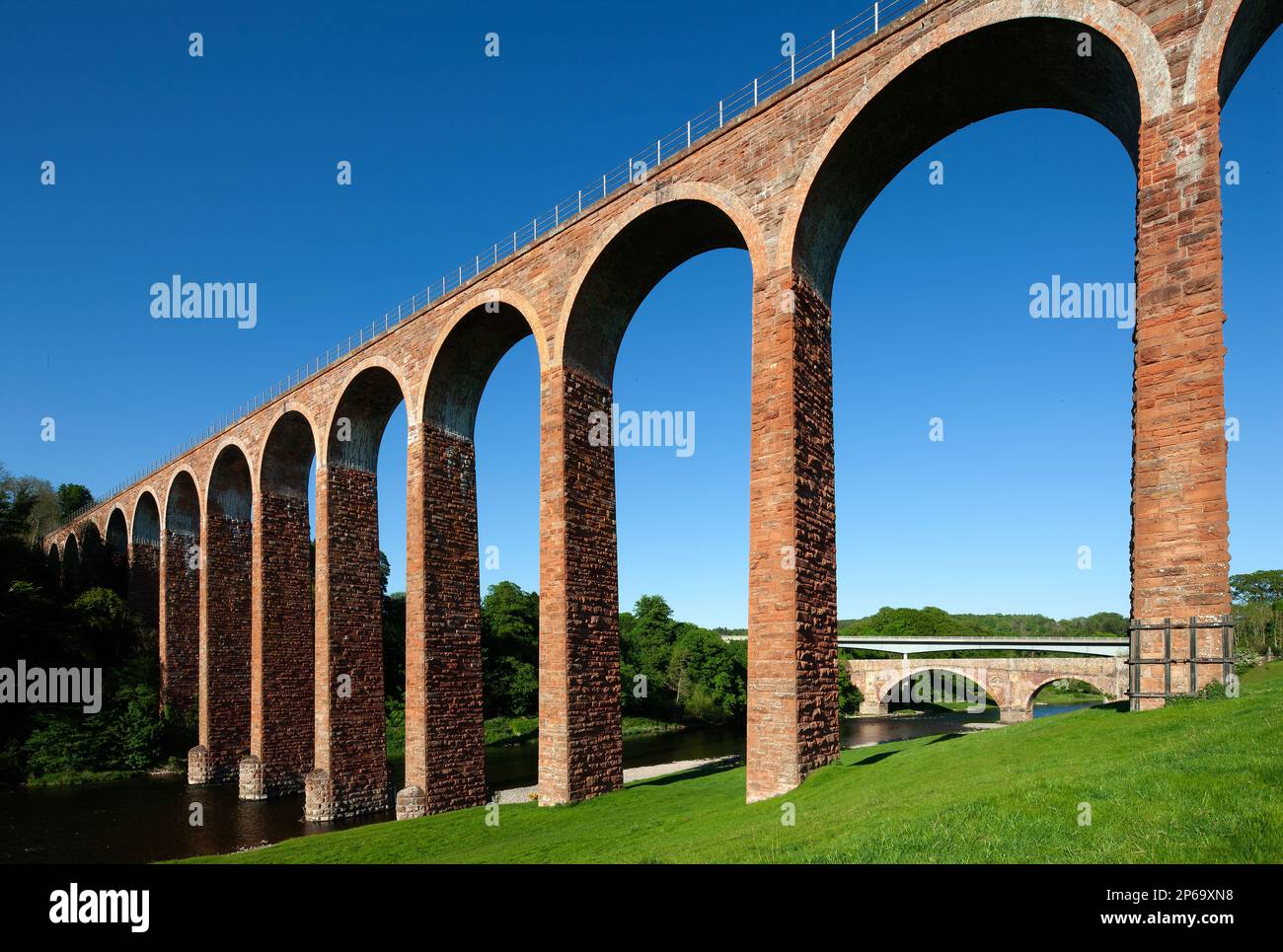 Summer daytime view of The Leaderfoot Viaduct over the River Tweed near Melrose in the Scottish Borders in Scotland, United Kingdom Stock Photo