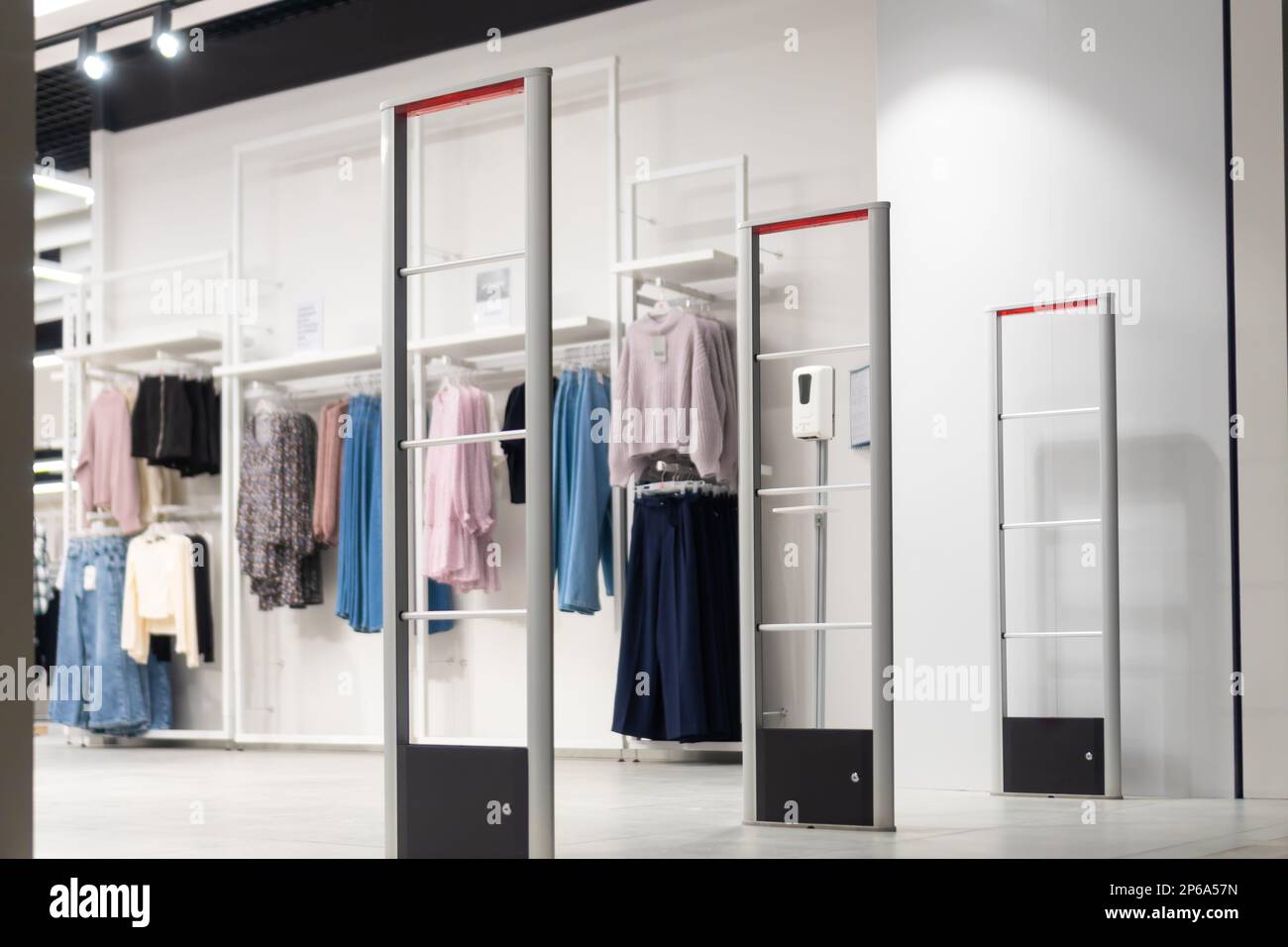 Antitheft system in a clothing store. Entrance gate with scanner to