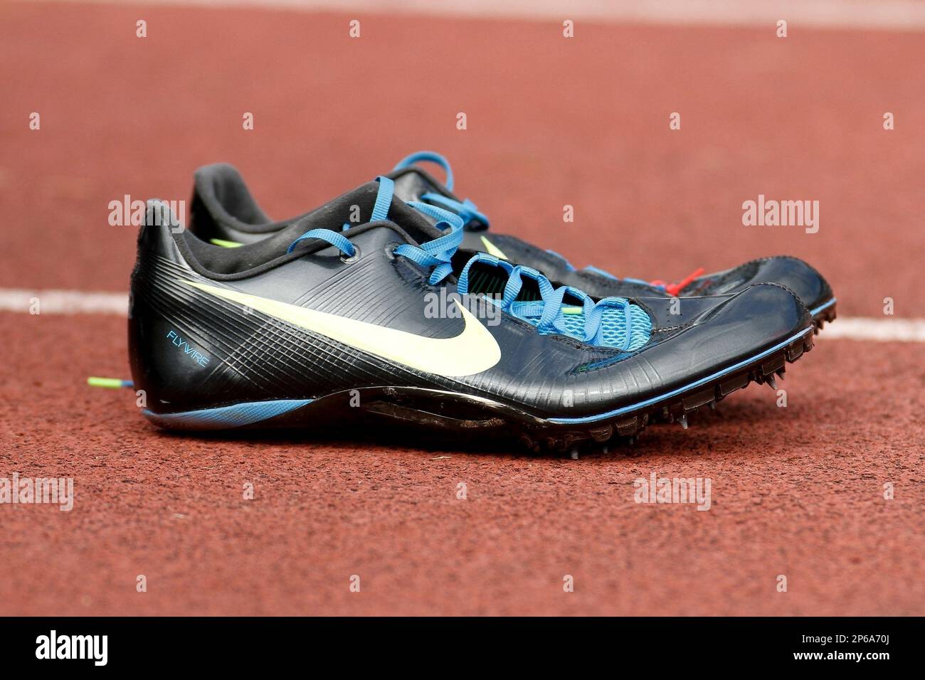 A pair of NIKE Flywire Sprinting Shoes worn by USA Sprinter Maurice  Mitchell during his work-out as he trains for the Olympics in London on  July 12, 2012 on Mike Long Track