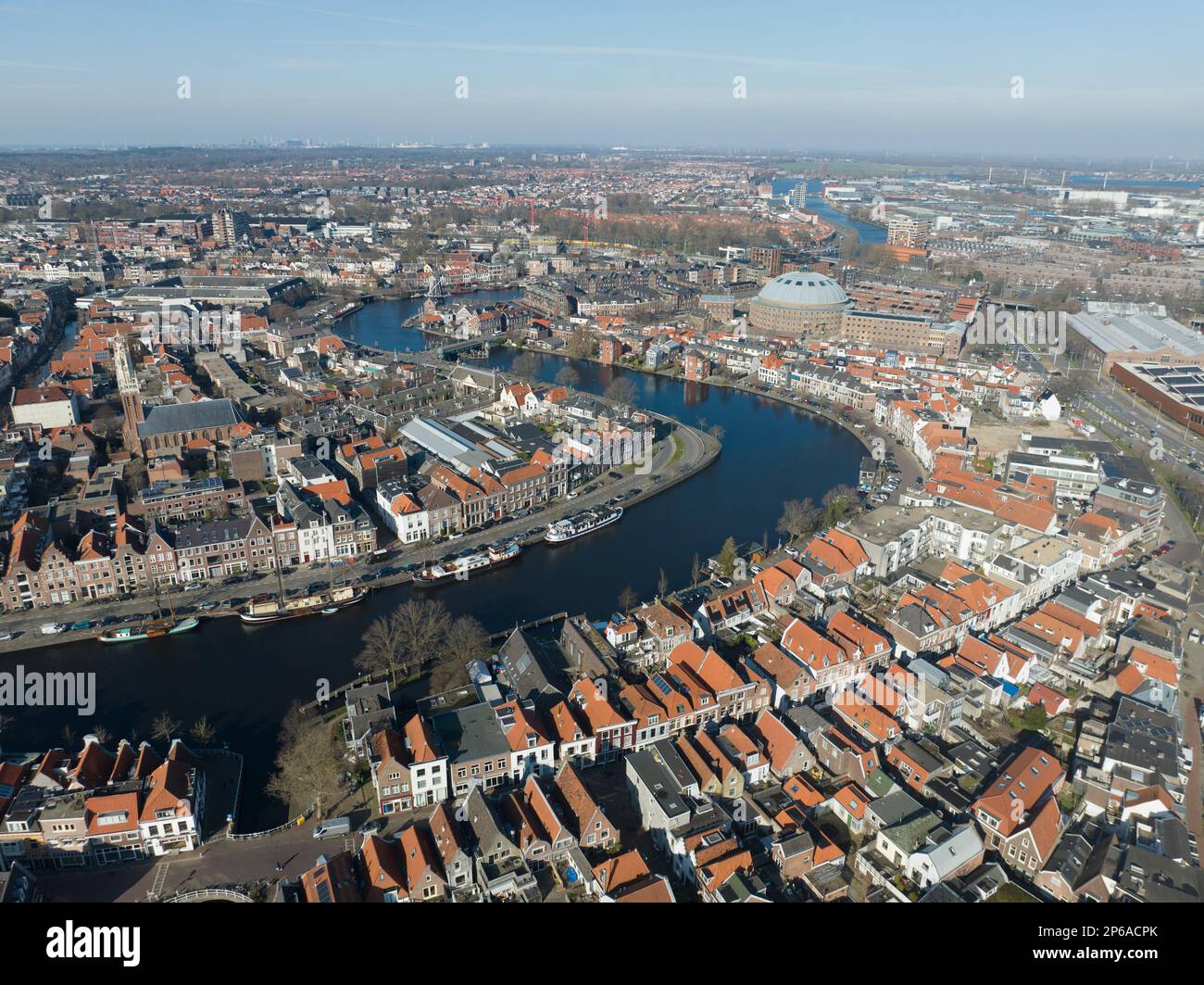 Soar over the historical landmarks and picturesque city center of Haarlem with this breathtaking drone video, featuring the former Koepelgevangenis Stock Photo