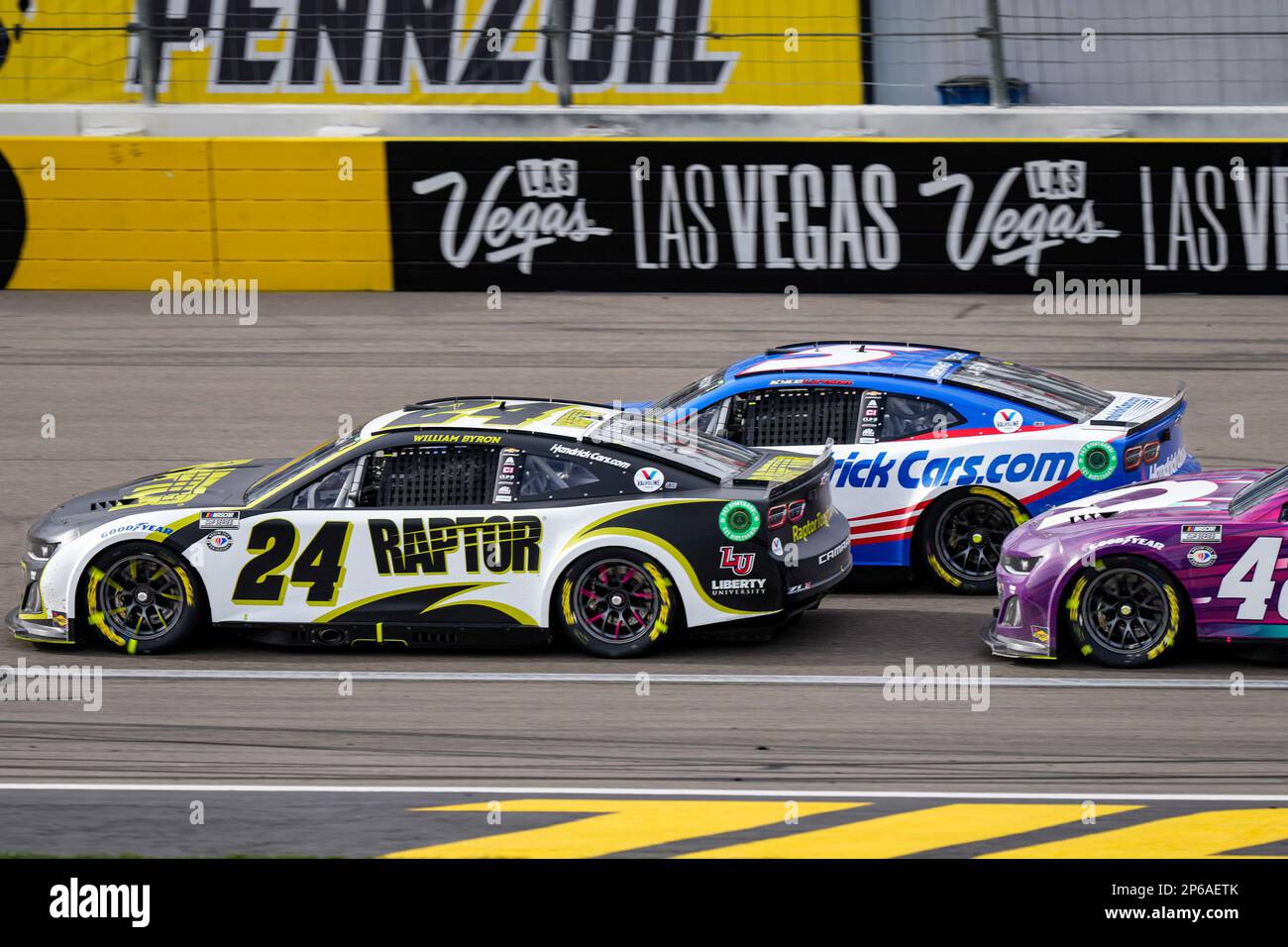 March 6, 2023, Las Vegas, NV, LAS VEGAS, NV, United States: LAS VEGAS, NV - March 6: William Byron, driver of the #24 Axalta Chevrolet, Kyle Larson, driver of the #5 HendrickCars.com Chevrolet and Alex Bowman, driver of the #48 Ally Chevrolet at Las Vegas Motor Speedway for Nascar Pennzoil 400 on March 6, 2023 in Las Vegas, NV, United States. (Credit Image: © Louis Grasse/PX Imagens via ZUMA Press Wire) EDITORIAL USAGE ONLY! Not for Commercial USAGE! Stock Photo