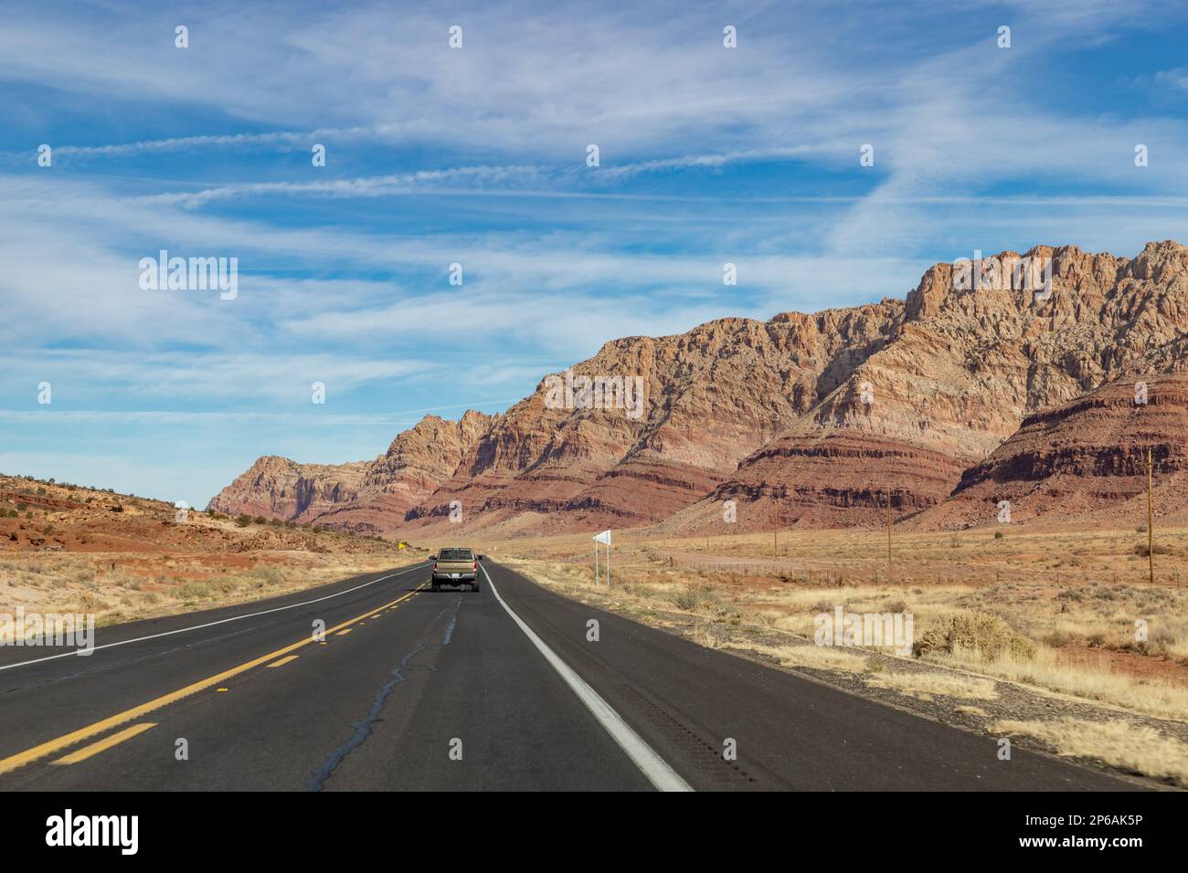 A picture of the U.S. Route 89 in Arizona and its rock formation landscape. Stock Photo
