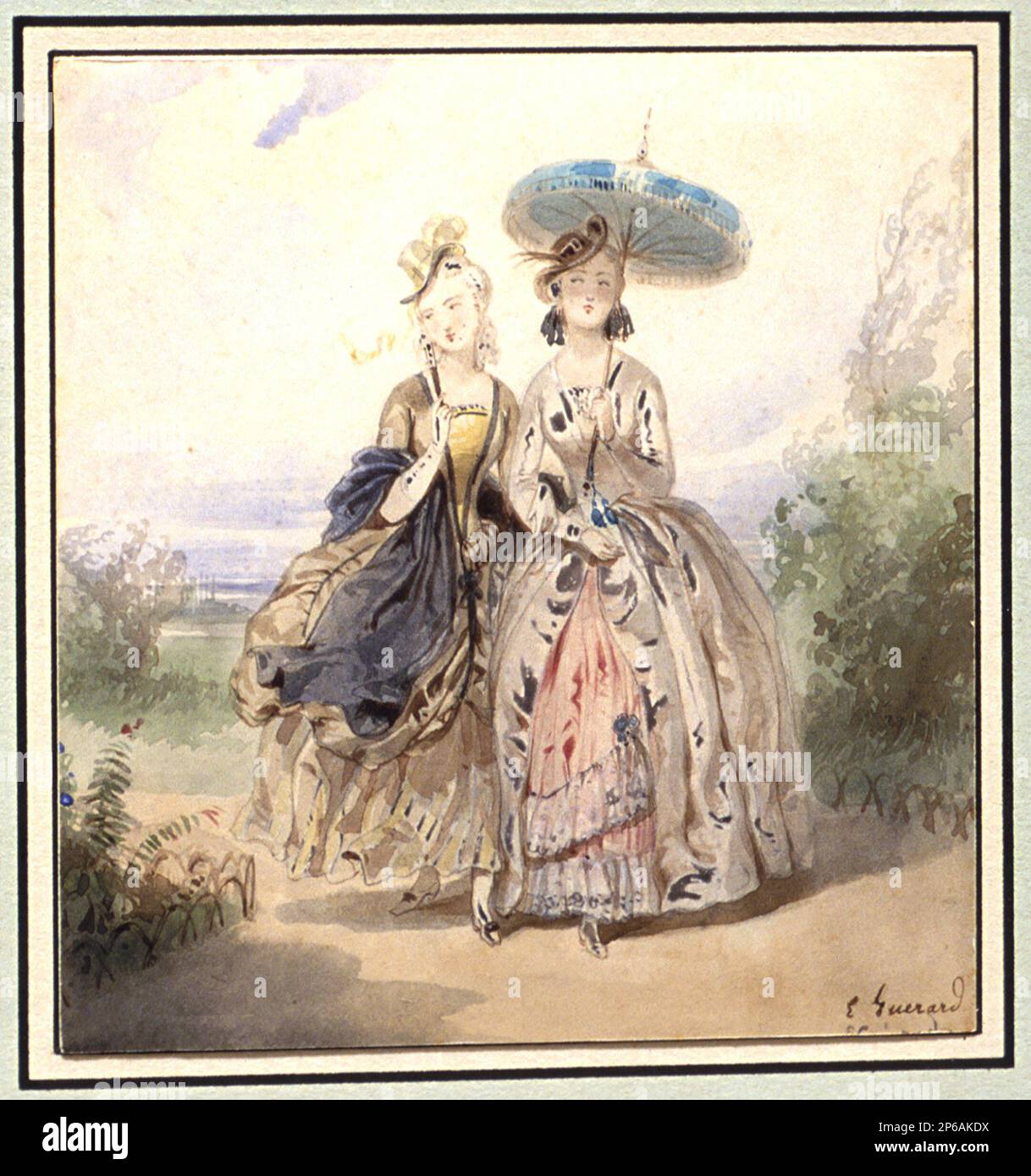 Eugène Charles François Guérard, Two Women, 1831–1866, watercolor with touches of white heightening, over pencil on paper. Stock Photo