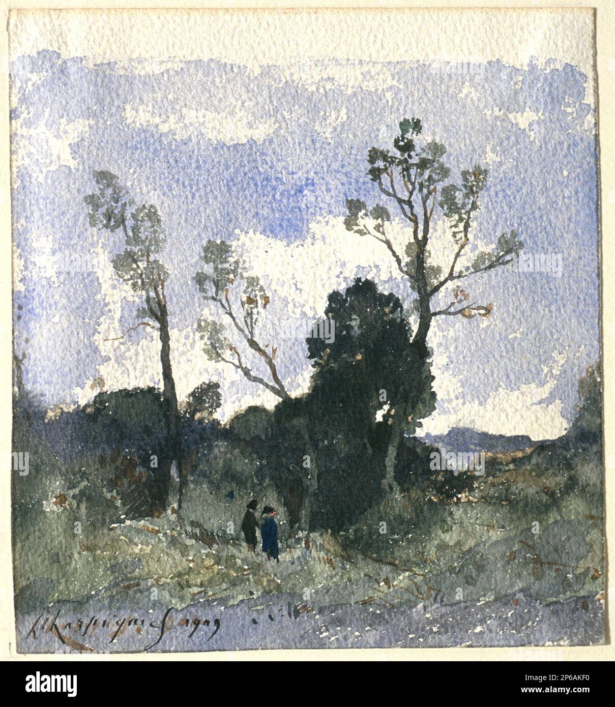 Henri-Joseph Harpignies, Wooded Landscape, 1909, watercolor on paper. Stock Photo