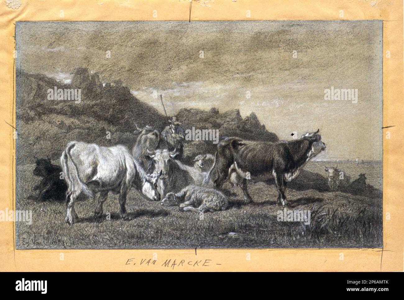Emile van Marcke de Lummen, Pastures by the Sea, 1837–90, black and white chalk on light blue paper discolored to green. Stock Photo