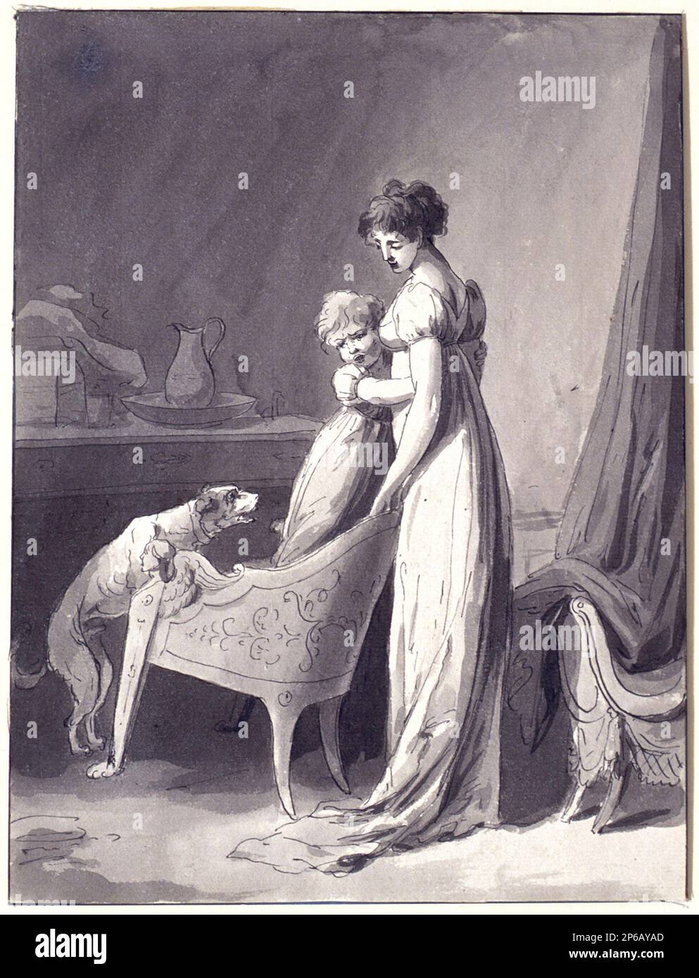 Louis Léopold Boilly, Woman with Child and Dog, 1800–20, pen and gray ink and gray wash on cream colored laid paper. Stock Photo