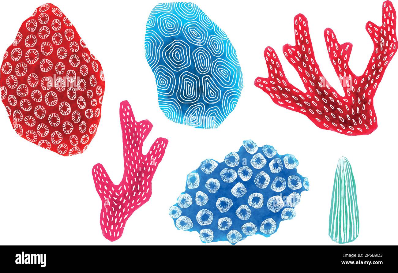 Watercolor sea life vector illustrations. Corals and shell separated on ...
