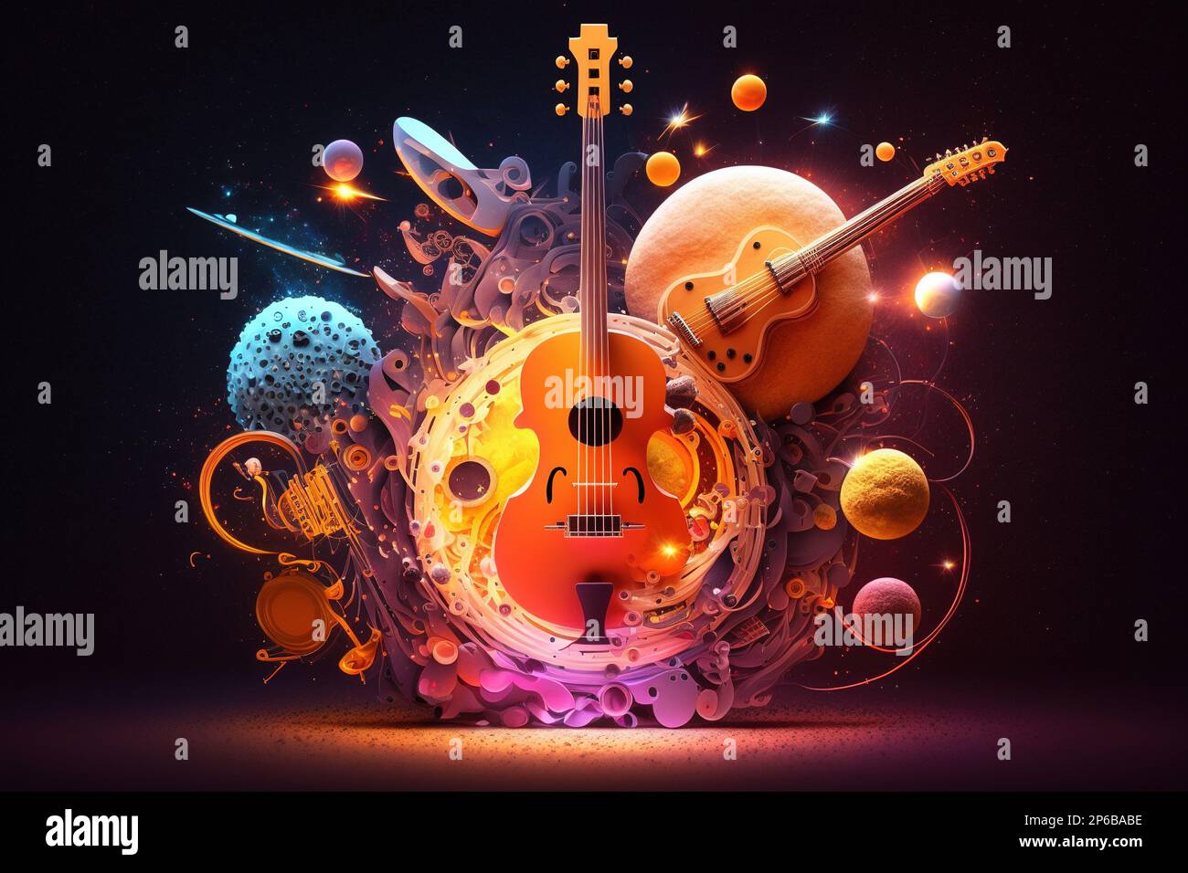 Art design of music instruments like violins, in outer space with