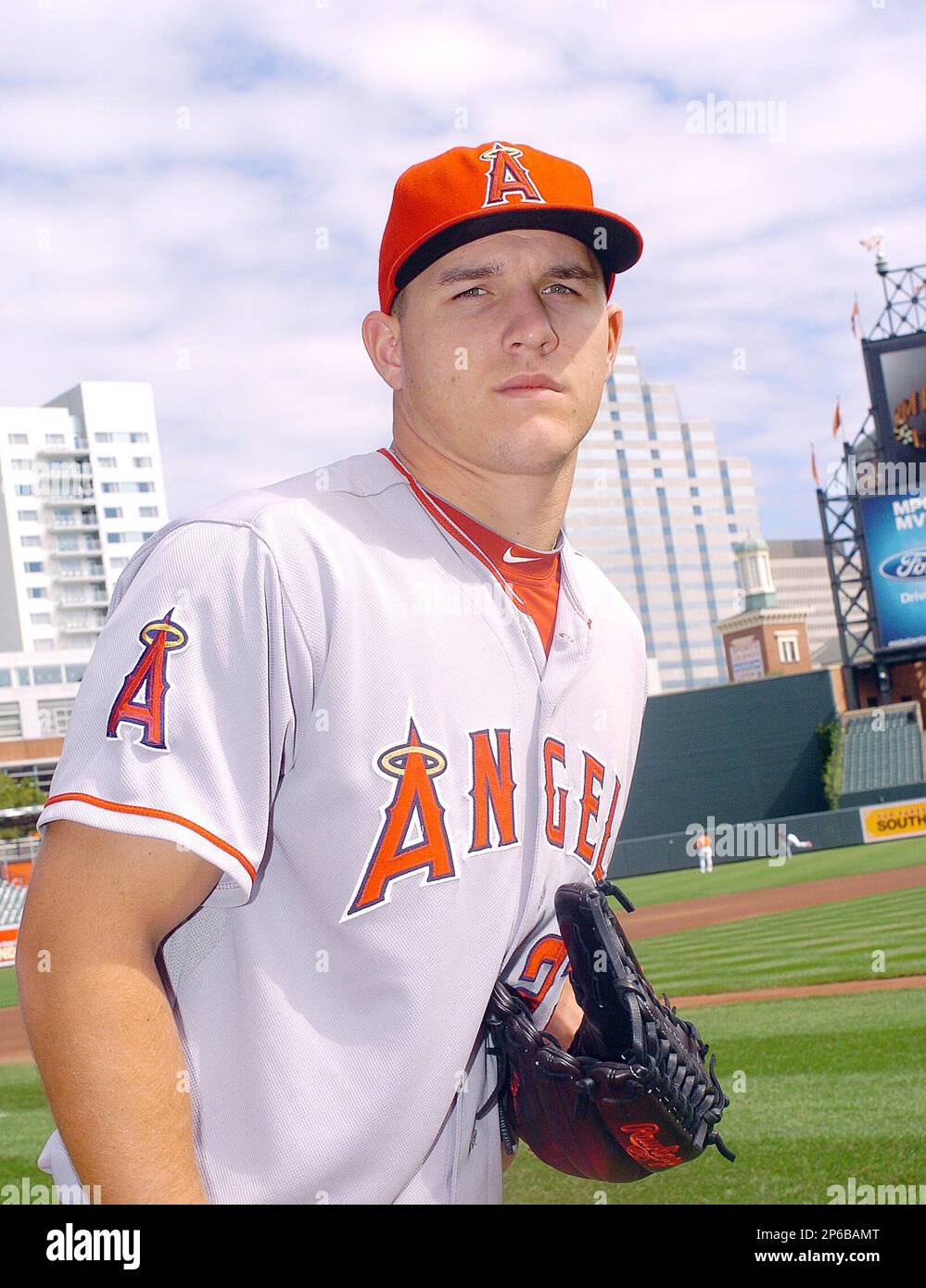 Los Angels outfielder MIke Trout (27) poses for a portrait, Sep. 18 ...