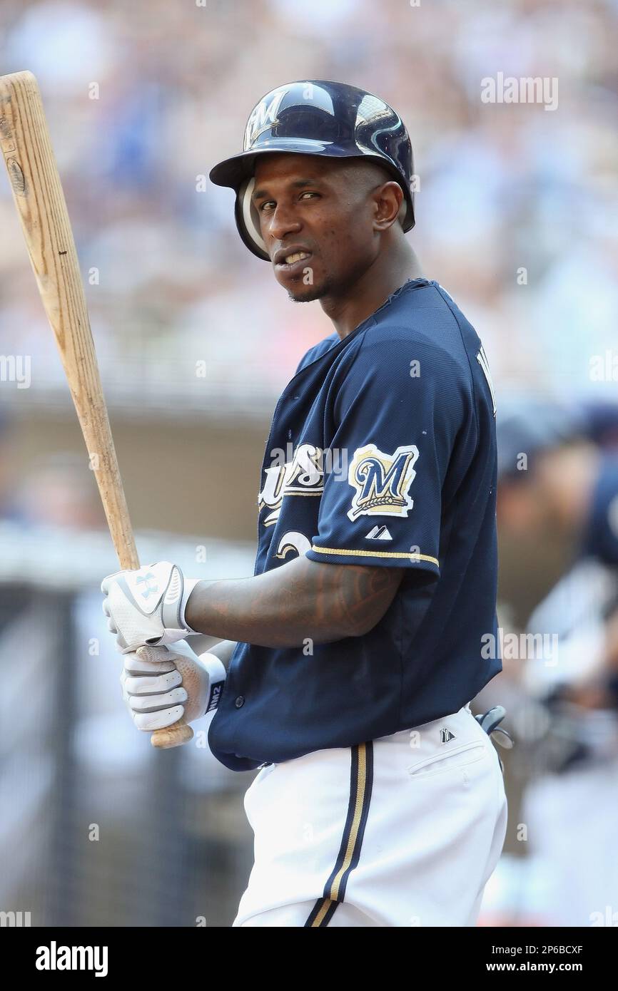 June 20, 2012: Milwaukee Brewers center fielder Nyjer Morgan #2 looks  toward the crowd while standing on deck. The Brewers defeated the Blue Jays  8-3 at Miller Park in Milwaukee, WI. John