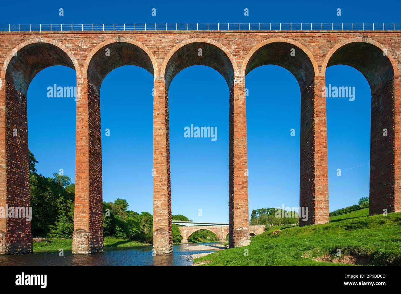 Summer daytime view of The Leaderfoot Viaduct over the River Tweed near Melrose in the Scottish Borders in Scotland, United Kingdom Stock Photo