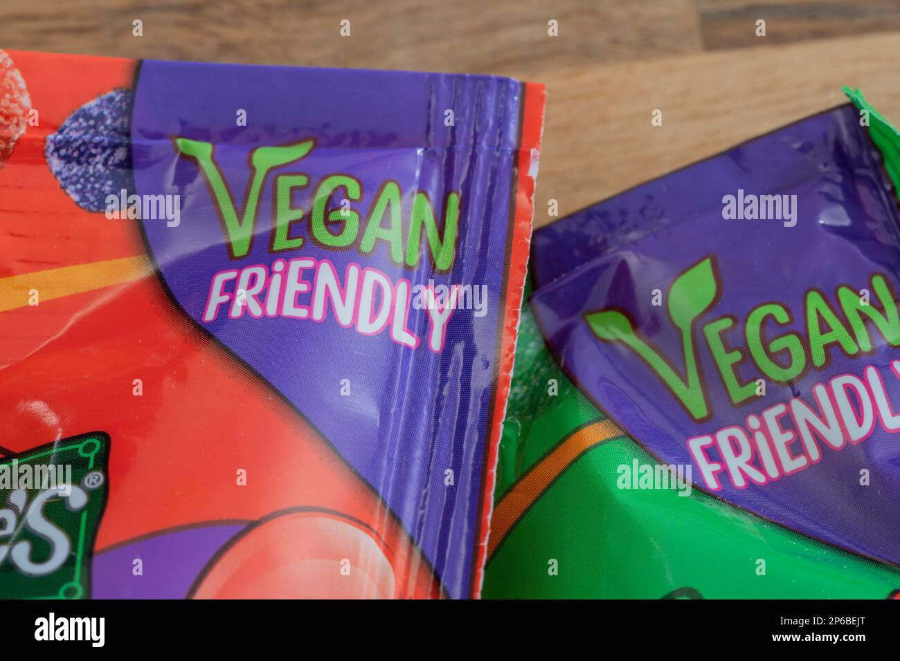 Packets of Rowntrees Fruit Pastilles, now owned by Nestlé, advertising that the sweets are vegan friendly. UK. Concept: suitable for vegans, veganism Stock Photo