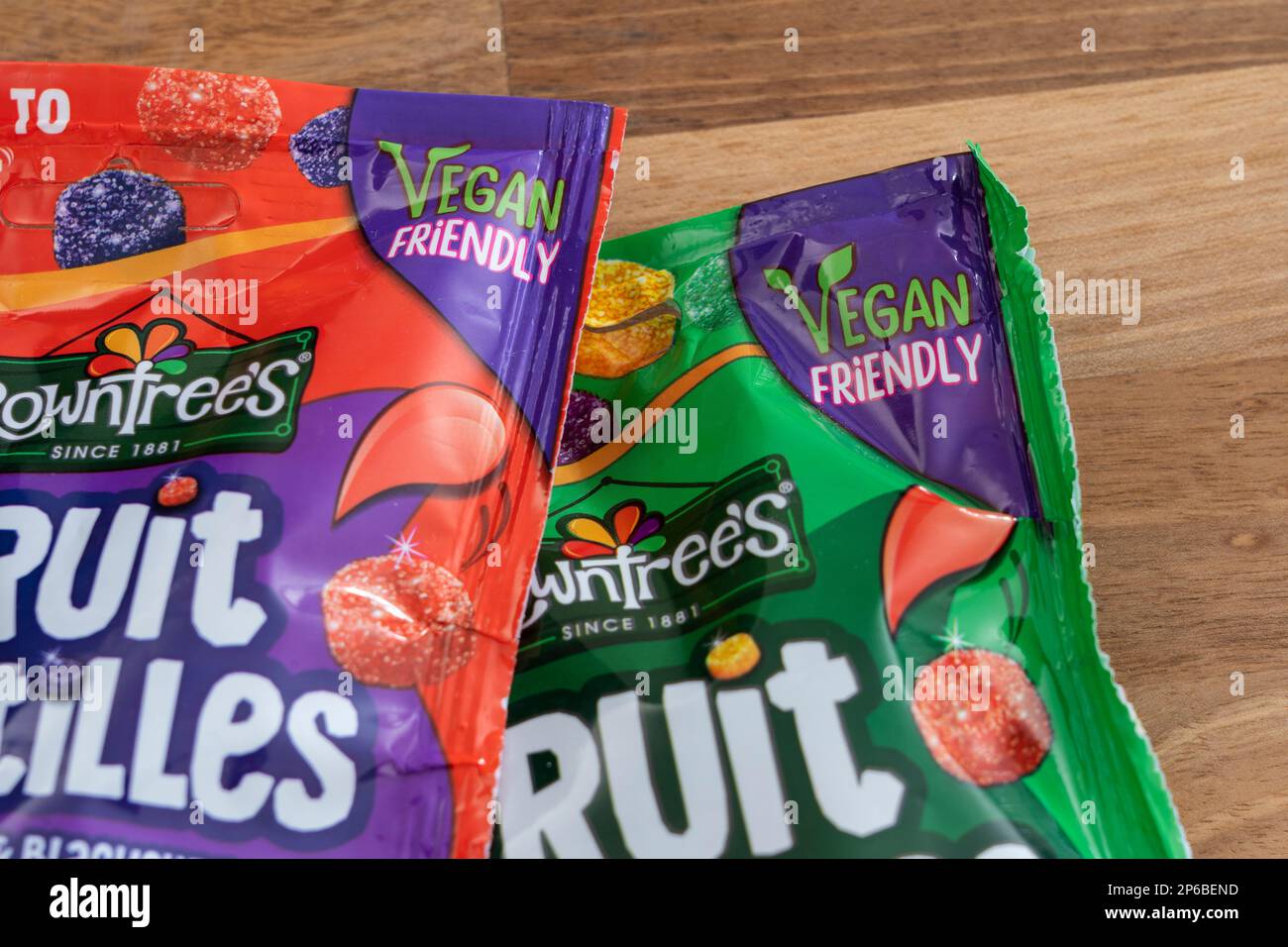 Packets of Rowntrees Fruit Pastilles, now owned by Nestlé, advertising that the sweets are vegan