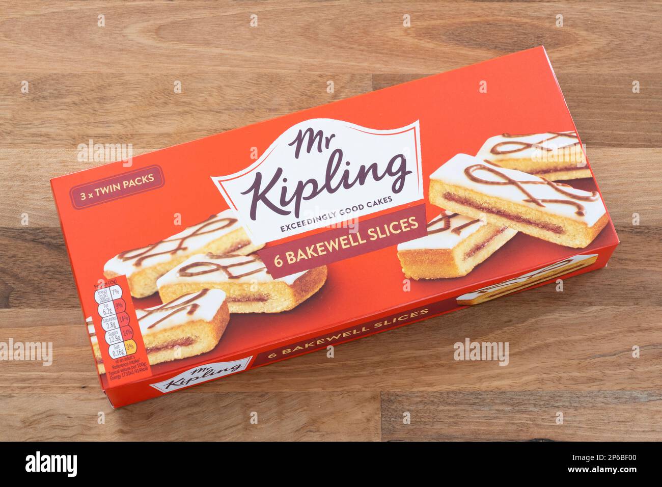 Mr Kipling packet of Bakewell Slices, UK. Concept: snacking, snack food, unhealthy eating, high sugar content Stock Photo