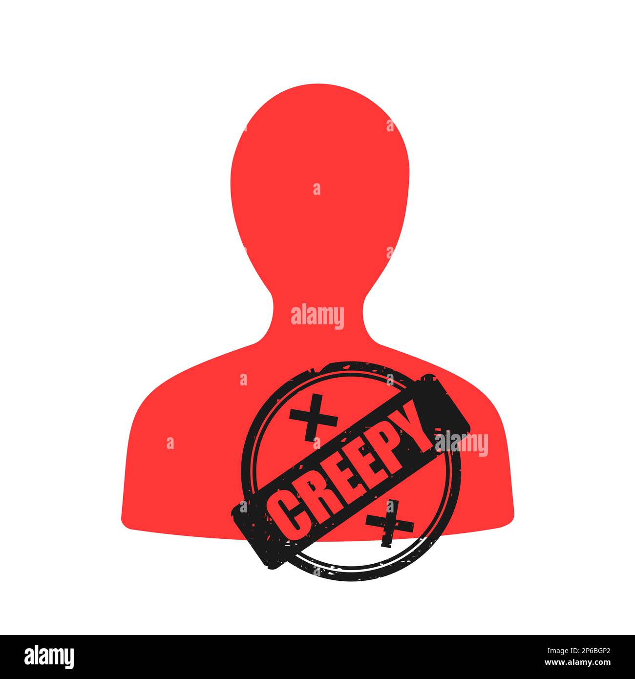 Creepy man - person is labelled by stamp. Rejection and being rejected because of negative personal characteristics. Vector illustration isolated on w Stock Photo